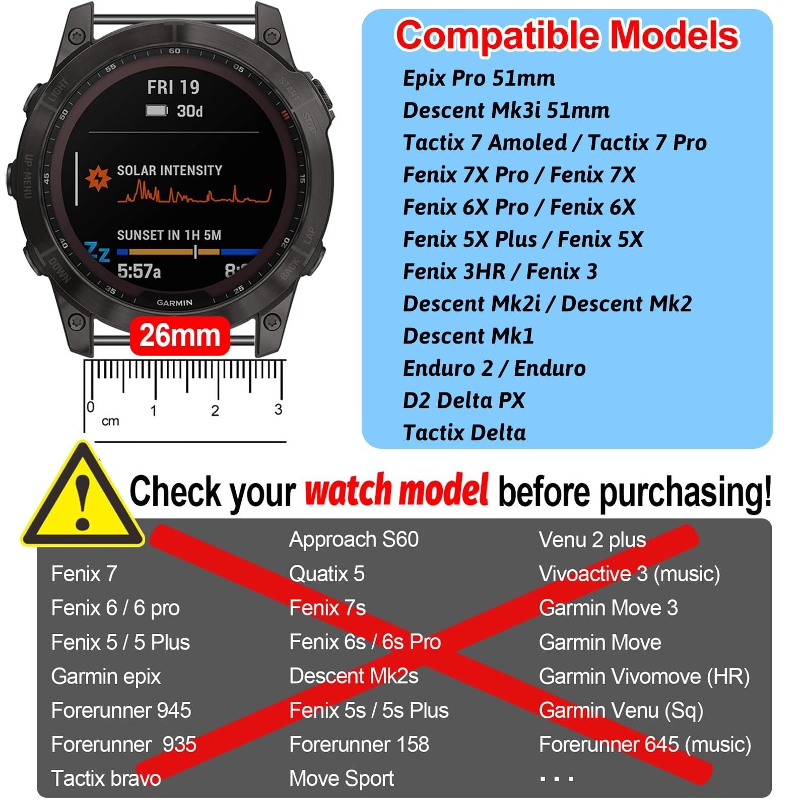RORFFK 26mm Watch Band?For Garmin Fenix 7X Pro Epix Pro 51mm Fenix 6X Watch Strap Fenix 5X Plus Silicone Wristband Fenix 6X Pro Descent Mk2i MK3i 51mm Smartwatch WristBand(3pack C)