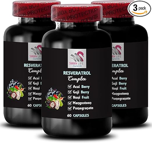 Daily Antioxidants - RESVERATROL COMLEX - Blueberry Balance, Grape Skin Strength, Acai Berry Energy, Flavorful Boost, Goji Berry Shine, Elderberry Power, Nutrient Boost, Pomegranate 3 Bot 180 Caps