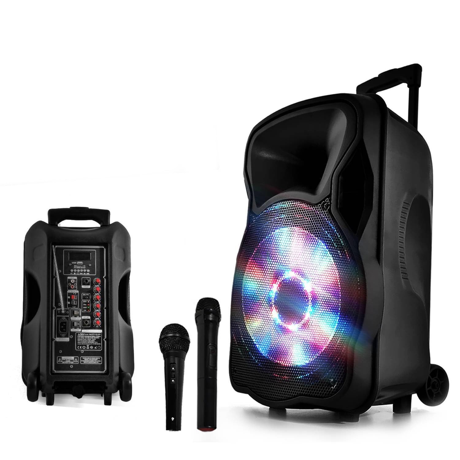 Enceinte Sono Mobile amplifiée 800W 15" LED/USB/BT/SD/FM + Micros sans-Fil/Filaire PARTY15