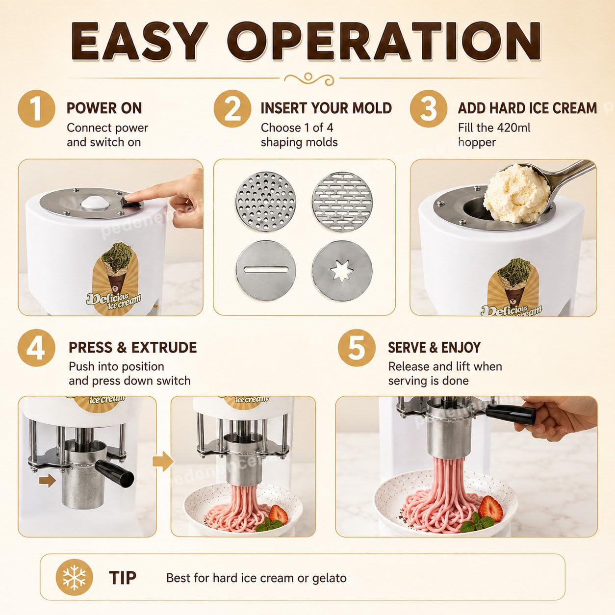 Máquina Comercial para Helados, para Helado Tipo Fideos, 4 Moldes De Formas, Máquina para Hacer Helado Tipo Espagueti, Máquina Eléctrica para Hacer Helados White