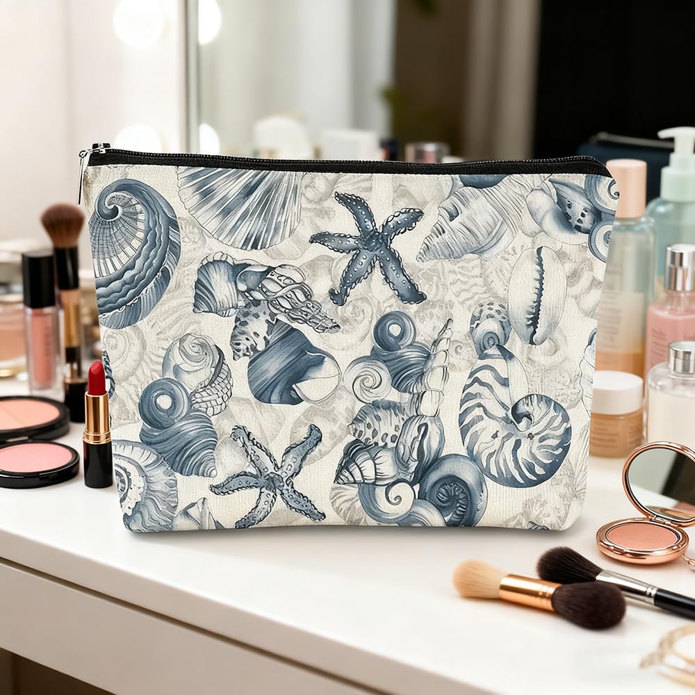 Ocean Themed Gifts for Women Sea Coastal Makeup Bags Seashell Starfish Coral Conch Beach Cosmetic Bags Christmas Girls Trip Party Favor Gifts for Sea Lovers Cruise Nautical Travel, White, Waves
