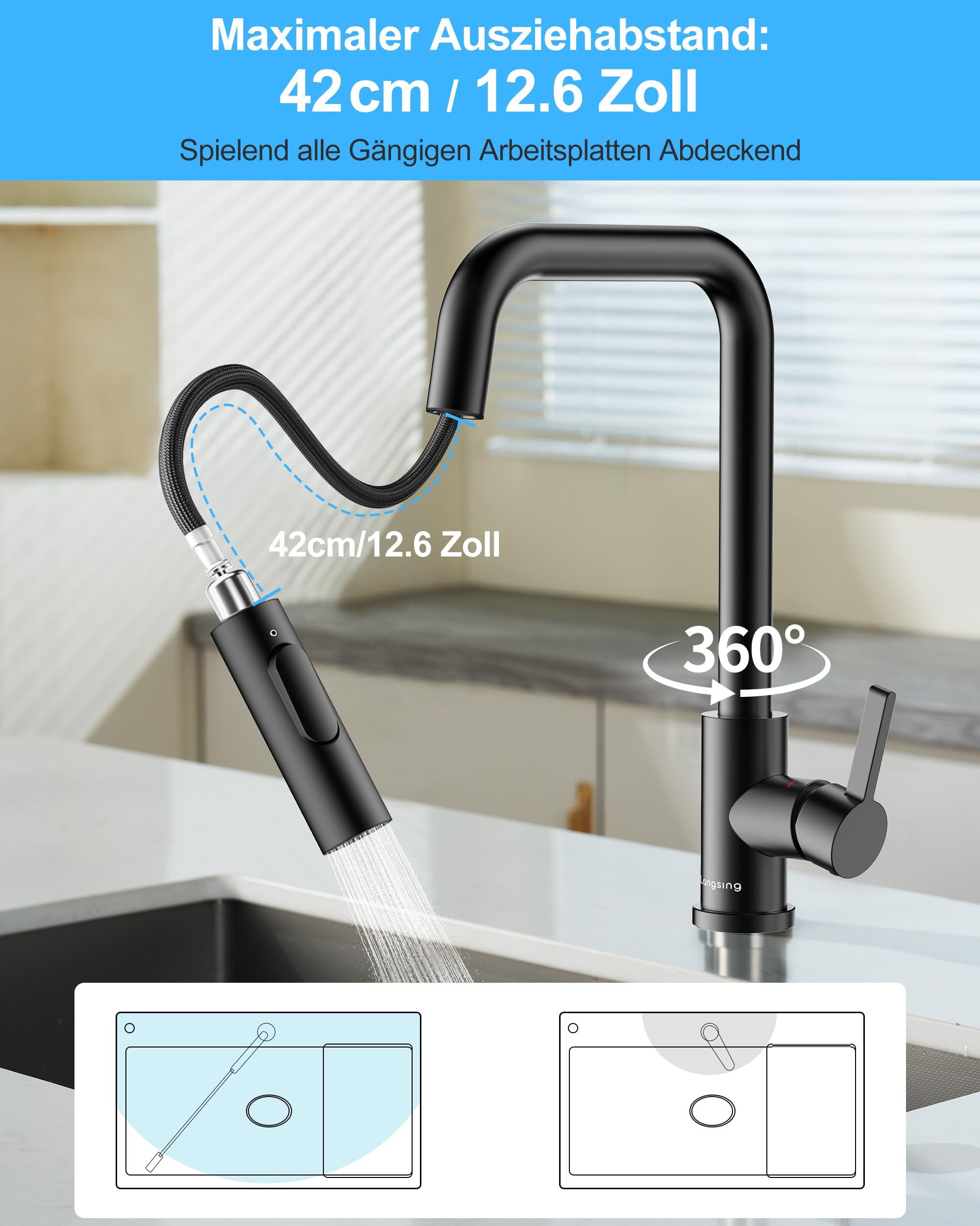 Wasserhahn Küche Schwarz, Hochdruck Küchenarmatur mit Brause | 304 Edelstahl Küchenarmatur Ausziehbar, Armatur 2 Strahlarten, Spültischarmatur Küche, 360° Schwenkbar, DVGW-Zertifiziert