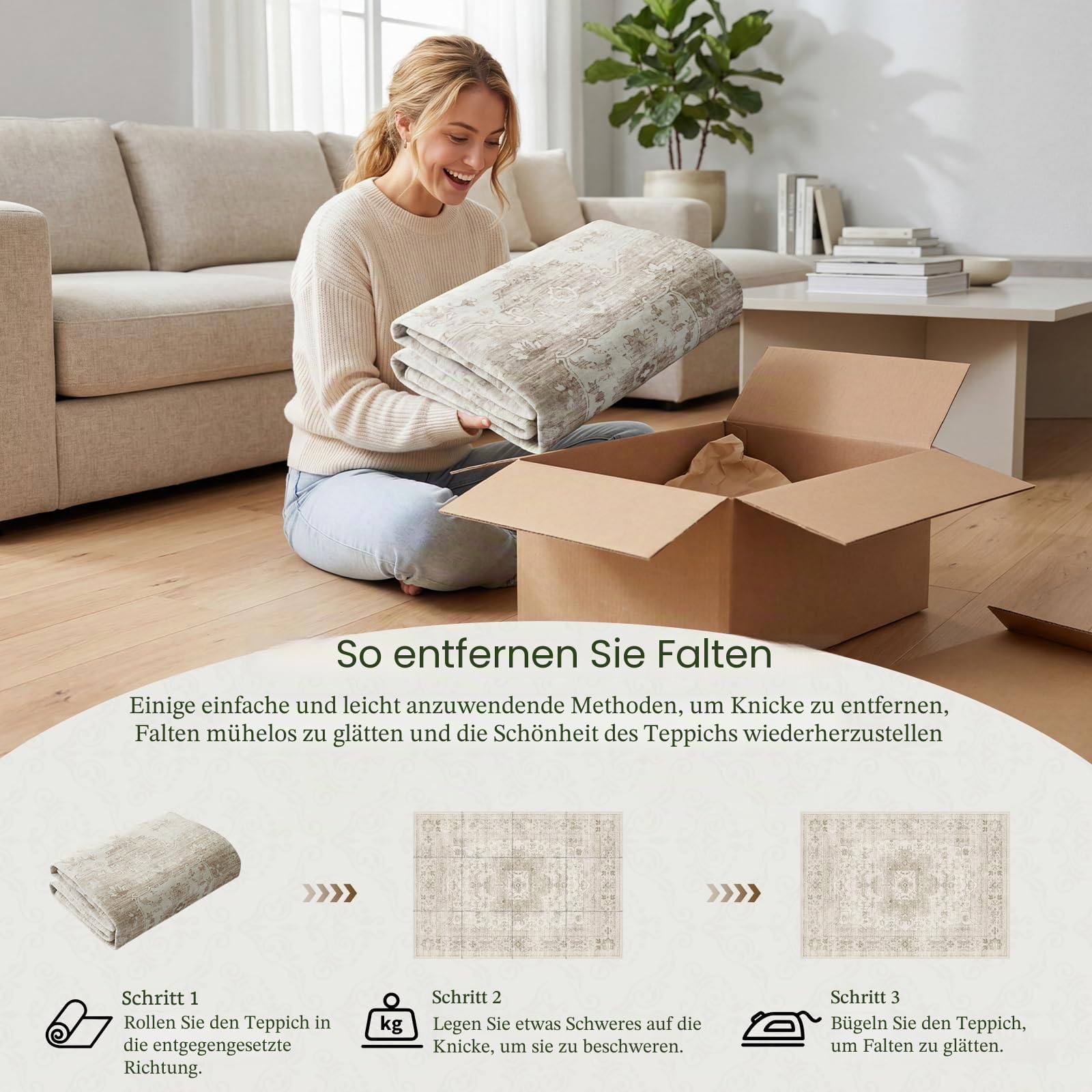 Vintage Teppich Wohnzimmer 240x340cm, Creme Teppich Schlafzimmer | Waschbarer Boho Teppich, Rutschfest Läufer Teppiche, Pflegeleicht Teppich Gegend für küche, Büro, Esszimmer, Flur