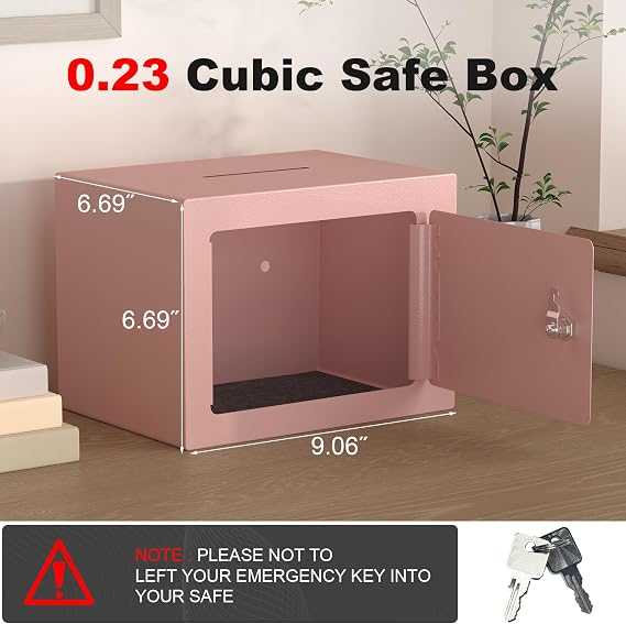 Safe with Key, Pink Kids Safe for Money, 0.23 Cu Ft Mini Safes with Coin Slot, Cash Storage for Home, Office, School, Security Box for Money, Cash, Coin, Ideal Gift for Kids