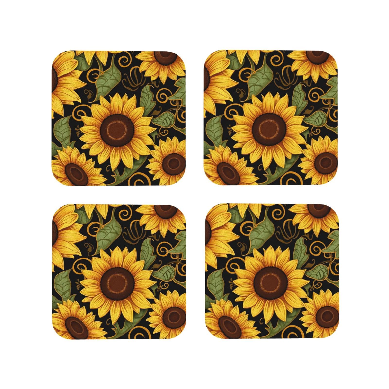 4pcs Drink Coasters for Tabletop Protection, 4" Leather Coasters for Drinks, Beautiful Sunflower Cup Coasters for Coffee Table Decor, Non-Slip Drinking Cup Mat for Hot Or Cold Drink
