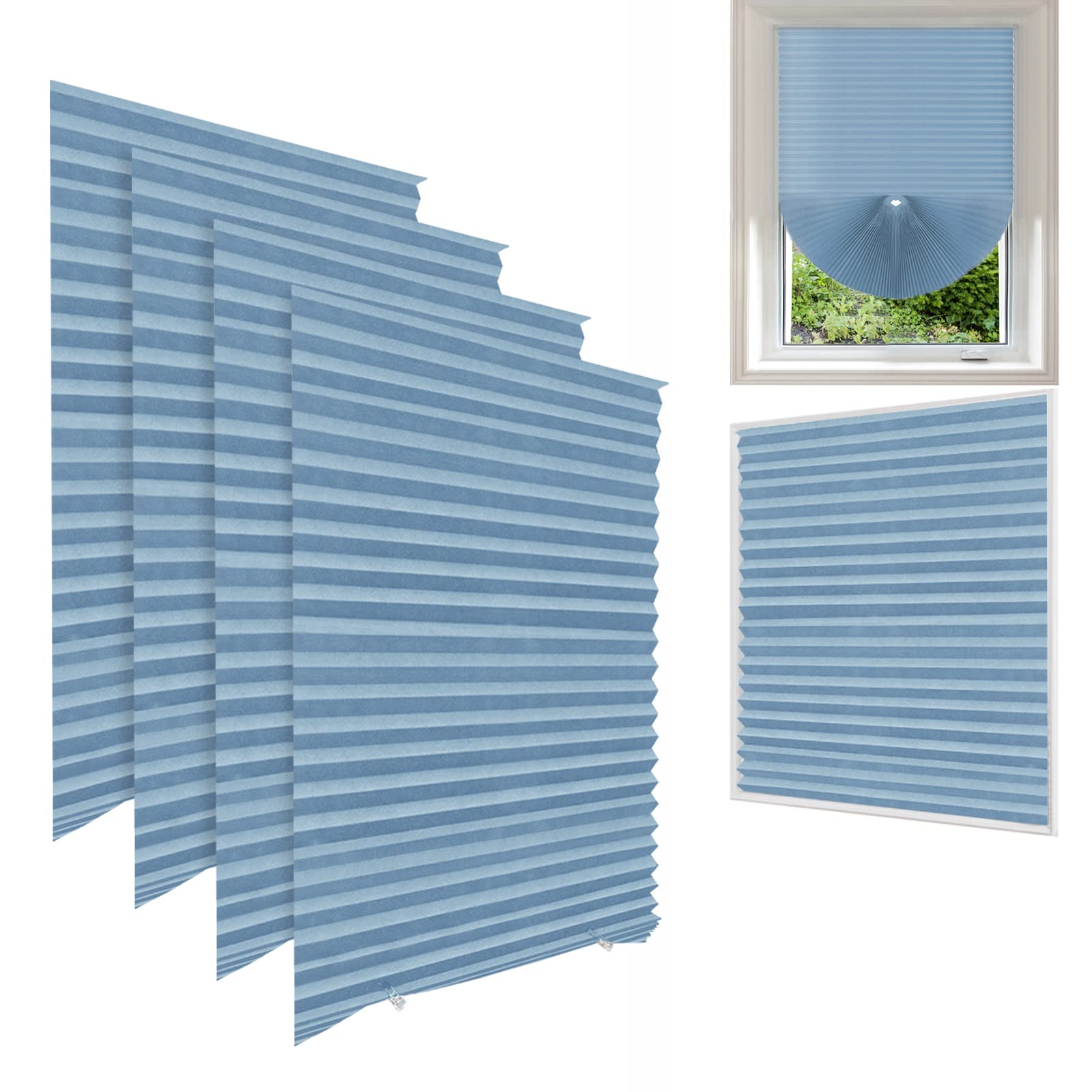 Maritown Sky Blue-4Pcs Temporary Blinds Windows,No Drill Blinds Stick On Curtains Blinds Bedroom Kitchen Bathroom Windows,Light Filtering Privacy Protection,Easy To Cut & Install W/ 8 Clips，Sky Blue-4Pcs，90X180cm