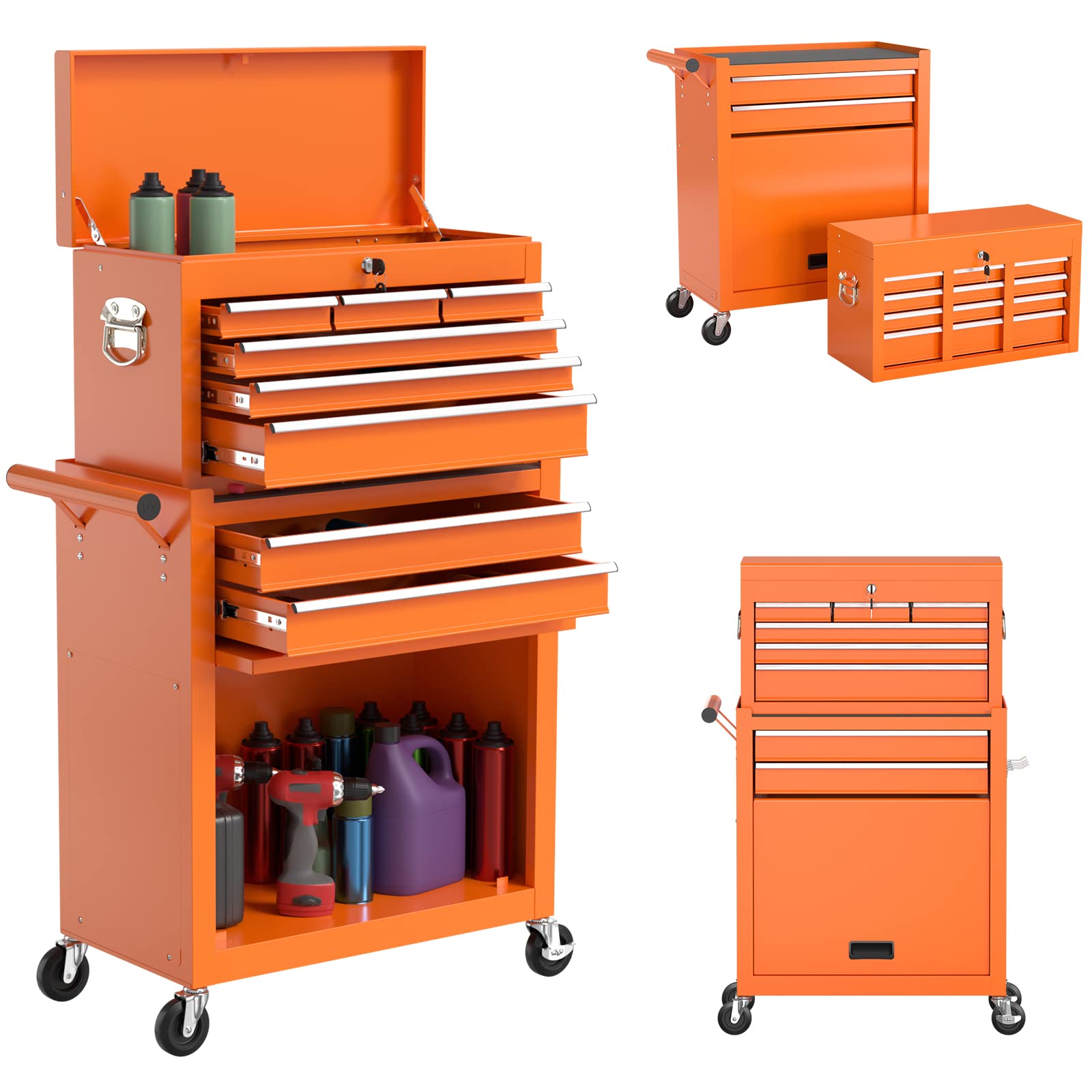 8-Drawers Tool Box Tool Chest with Wheels, 2-in-1 Detachable Rolling Tool Box with Large Cabinet, Removable Tool Storage Organizer with Lockable for Garage, Workstation, Orange