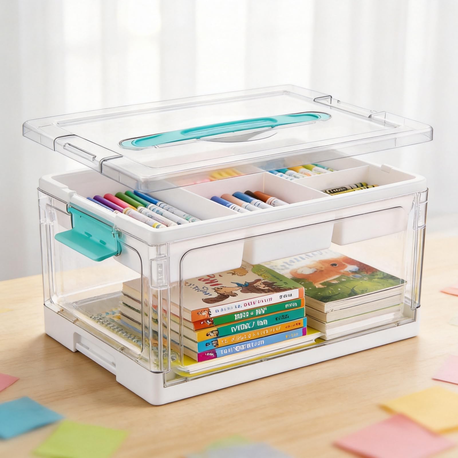 Good Clearness Bastelbox mit Fächern für Bücher und Zubehör, stapelbare Aufbewahrung für den Haushalt, Aufbewahrungsbox