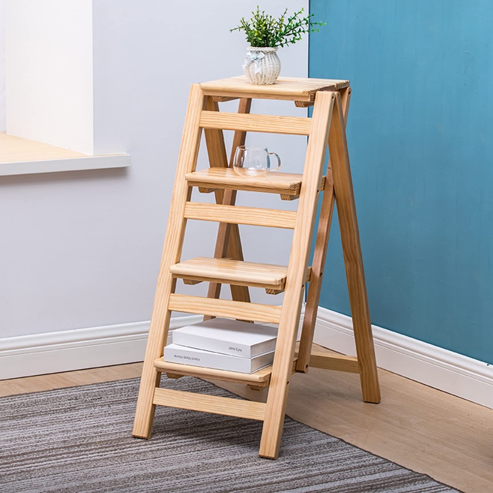 Escabeau pliable en bois à 4 marches et tabouret de bibliothèque multifonction