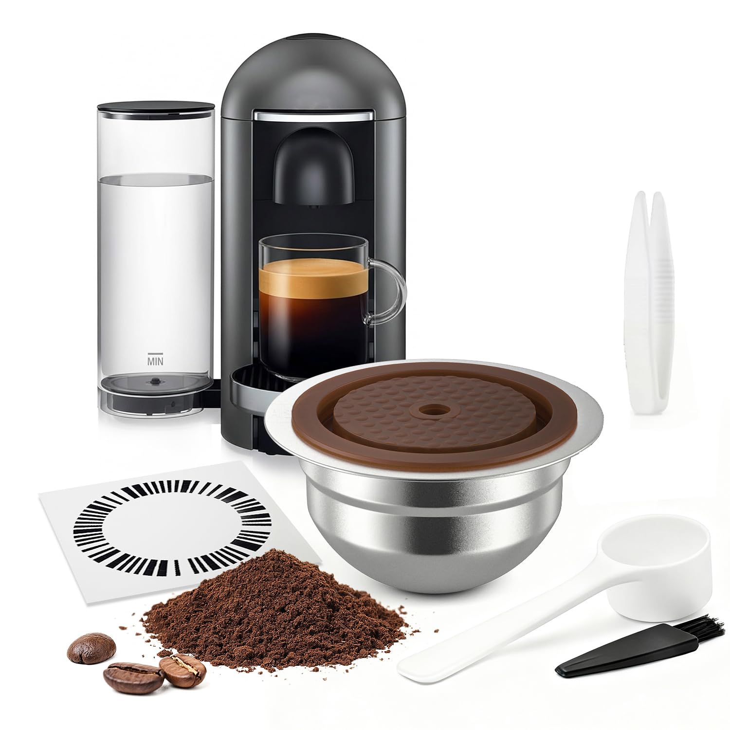 Cápsulas de café reutilizables de acero inoxidable para Nespr*sso V-rtuo, cápsulas recargables compatibles con V-rtuoline GCA1 y ENV135 NEXT POP Series con 4 calcomanías de código de barras
