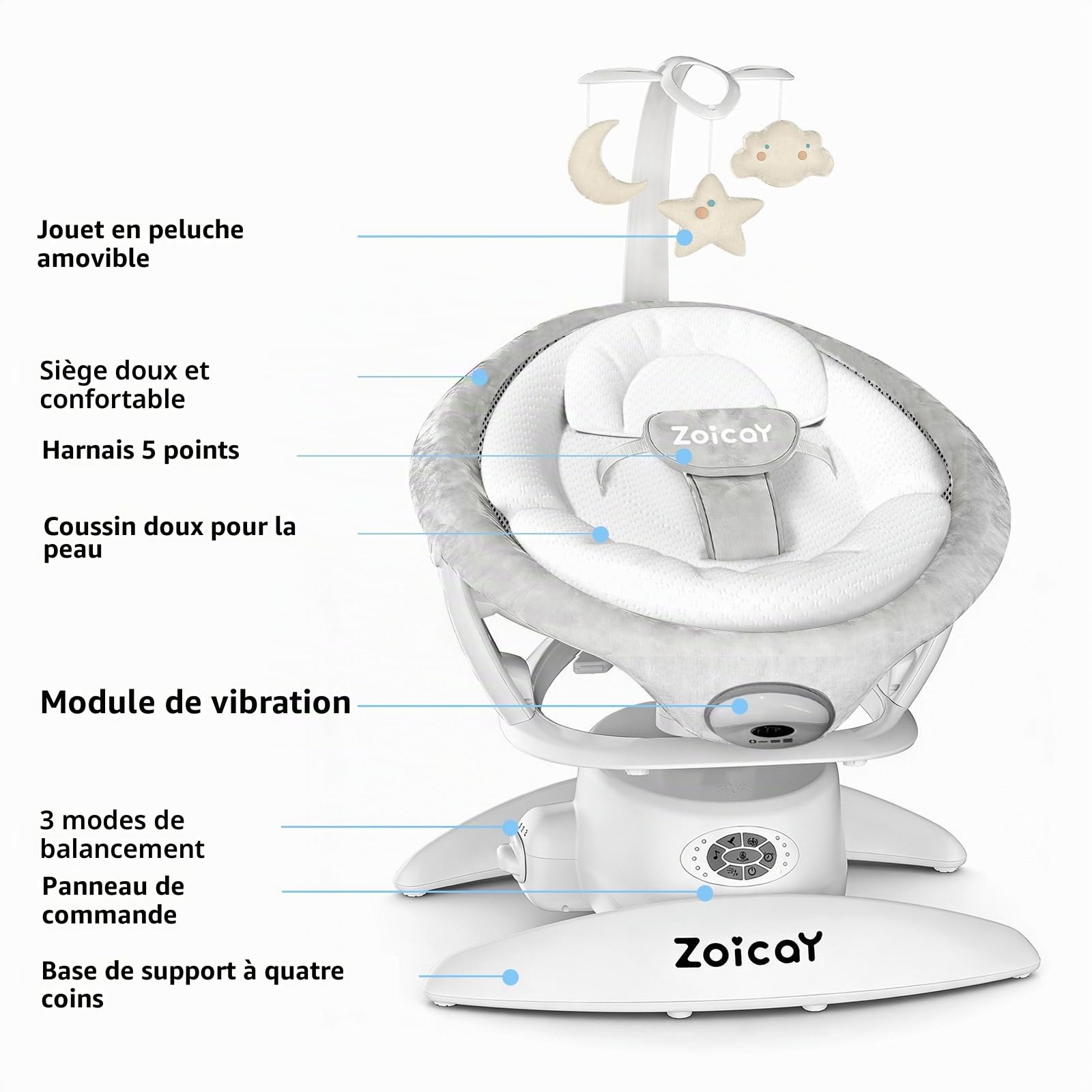 Balancelle Bébé Electrique 3-in-1 avec 9 Modes pour 0–9 mois, Jusqu'à 11 Kg | Transat Balancelle avec Siège Réglable Fonction de Timing et Musique, Télécommande Bluetooth contrôle pour Intérieure (Blanc)
