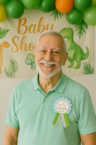 Miniatura 10 de Alfileres de dinosaurio para baby shower para la familia, azul y verde, It's a Boy Baby Sprinkle, Cartulina cintas de raso, Sin gemas.