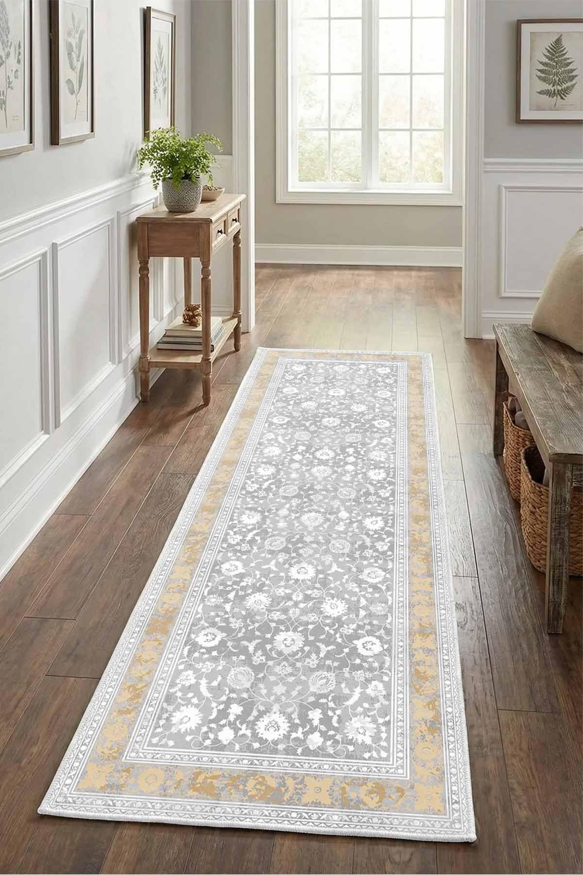 Monnhein Açık Gri Yolluk 1018 - Yıkanabilir, Kaymaz Taban, Dijital Baskılı, Leke Tutmaz, İnce Hav, Modern Koridor, Mutfak, Antre ve Salon için Dekoratif Yolluk