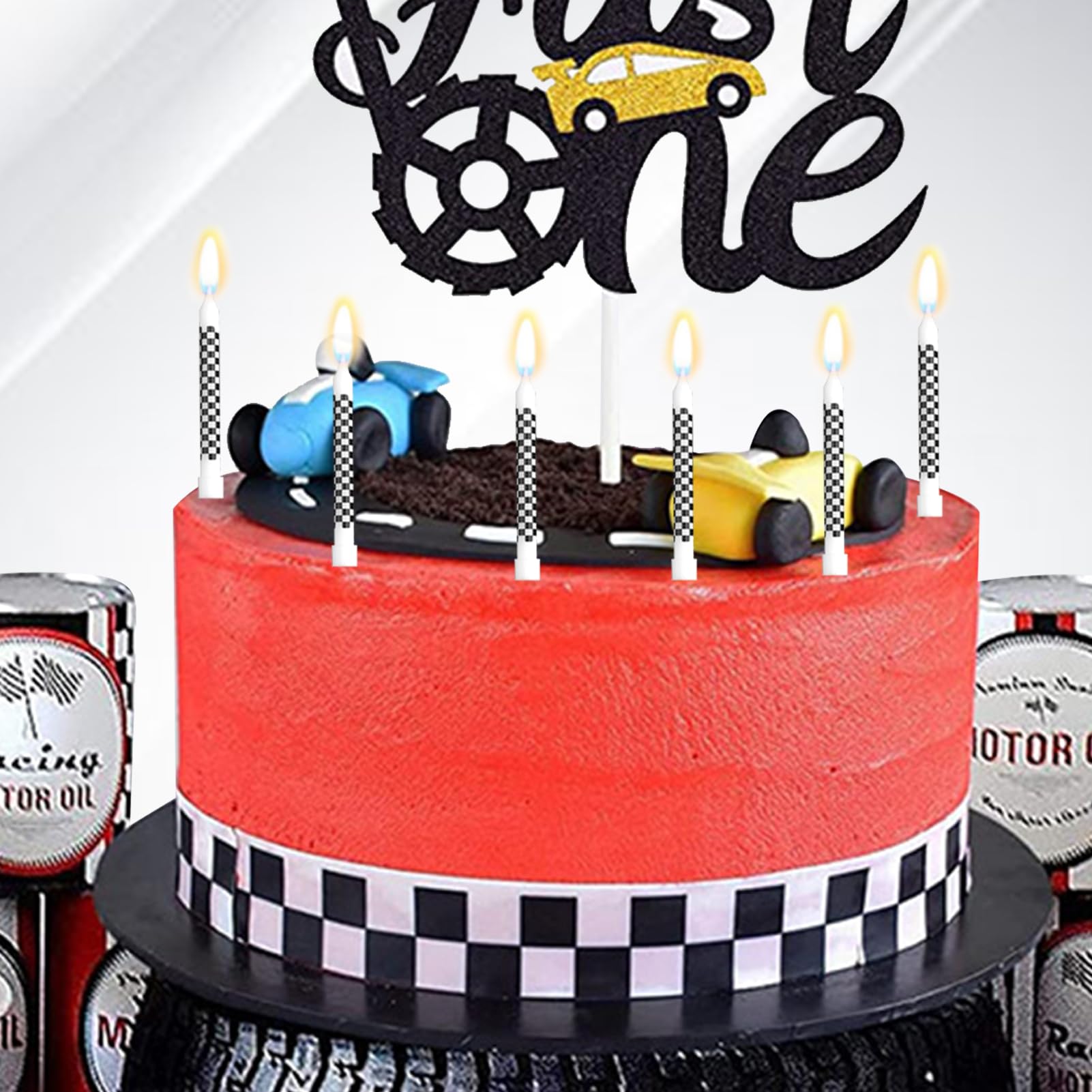13 Candele Per Torta Compleanno Auto Da Corsa - Design Scacchi Bianco/Nero Con Numero 1 - Decorazioni Festa Bambino