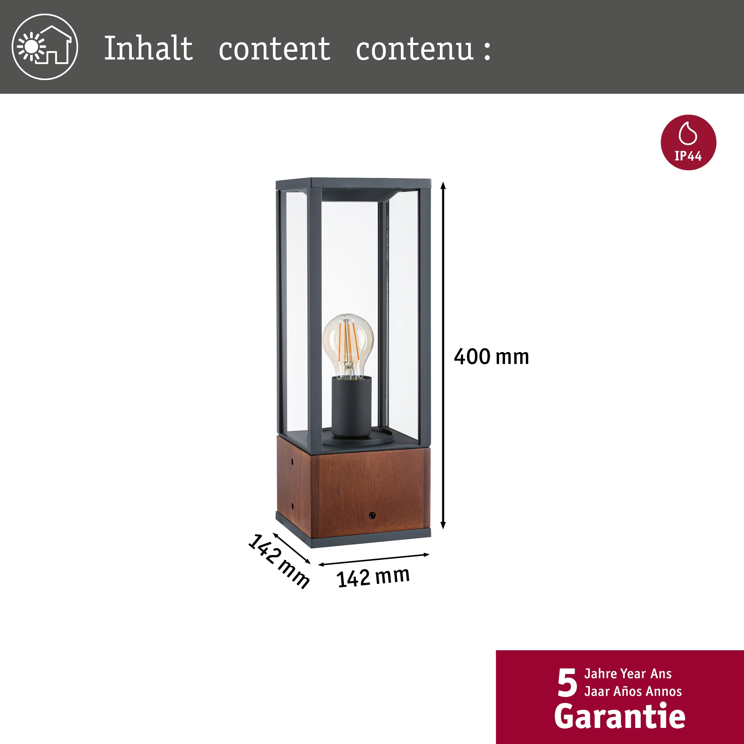 Paulmann 94675 Lampada LED per esterni oggetto luminoso Timba IP44 400mm paletto d’illuminazione senza lampadina angolare max. 60 W Outdoor legno E27
