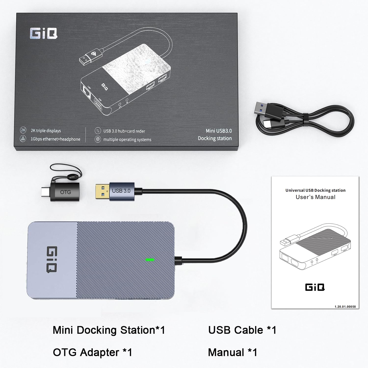USB Docking Station GIQ USB C HUB USB 3.0 to Dual HDMI VGA Adapter Triple Display USB C Laptop Docking Station Dual Monitor HDMI Splitter Extender Compatible with MacBook M1 M2 M3 M4 M5 USB Dock-Gray