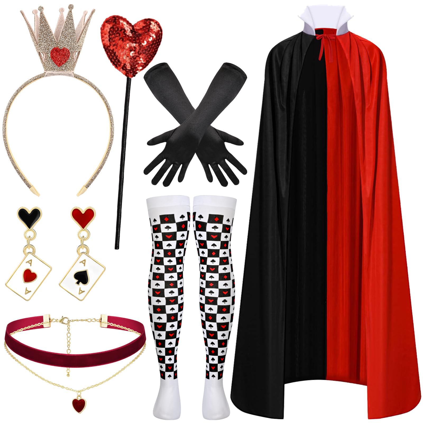 Kavoc 8 Pcs Queen Outfit Include Black Red Cape,Crown Headband.Earrings,Necklace,Wand,Gloves and Socks for World Book Day Dress Up