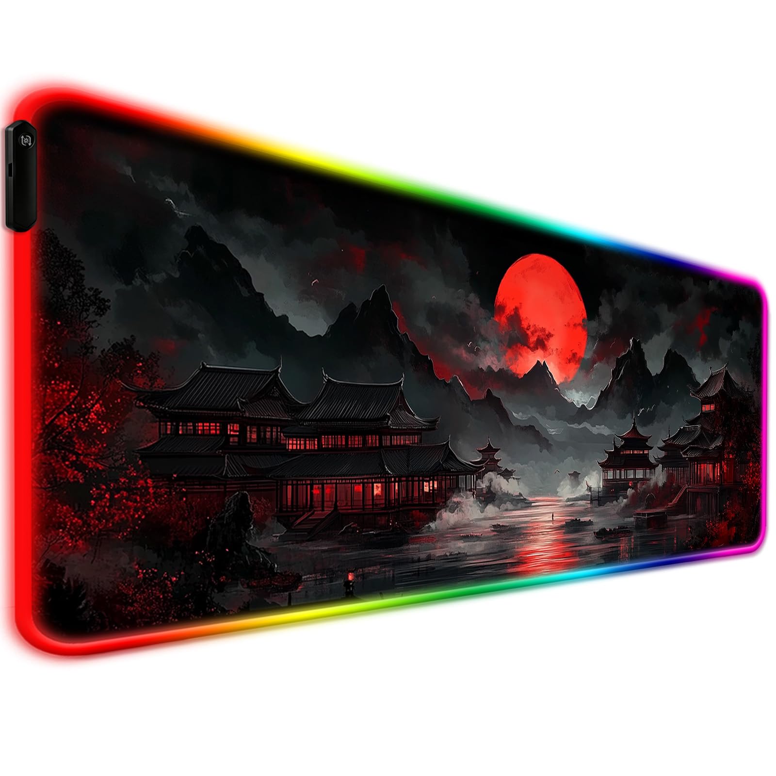 RGB - Tappetino da scrivania da gioco con luna piena, motivo: Lakescape giapponese, per tastiera del computer, grande, esteso, lungo, LED, per ufficio e casa, XL (W07)
