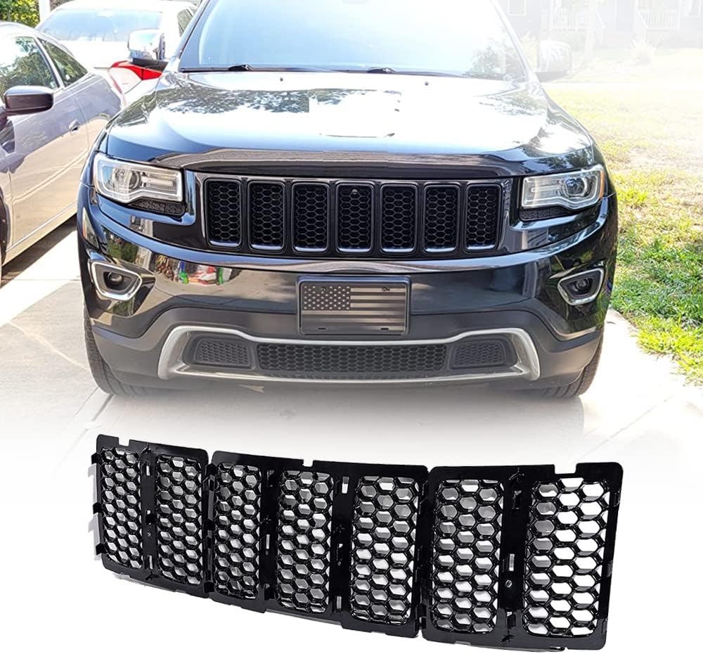 Astra Depot 7Pc Black Honeycomb Grille Inserts for 2014-2016 Grand Cherokee | Front Mesh Insert Matte ABS Plastic Prevent Overheating Engine Protection Direct Replacement Easy Install Fits Jeep