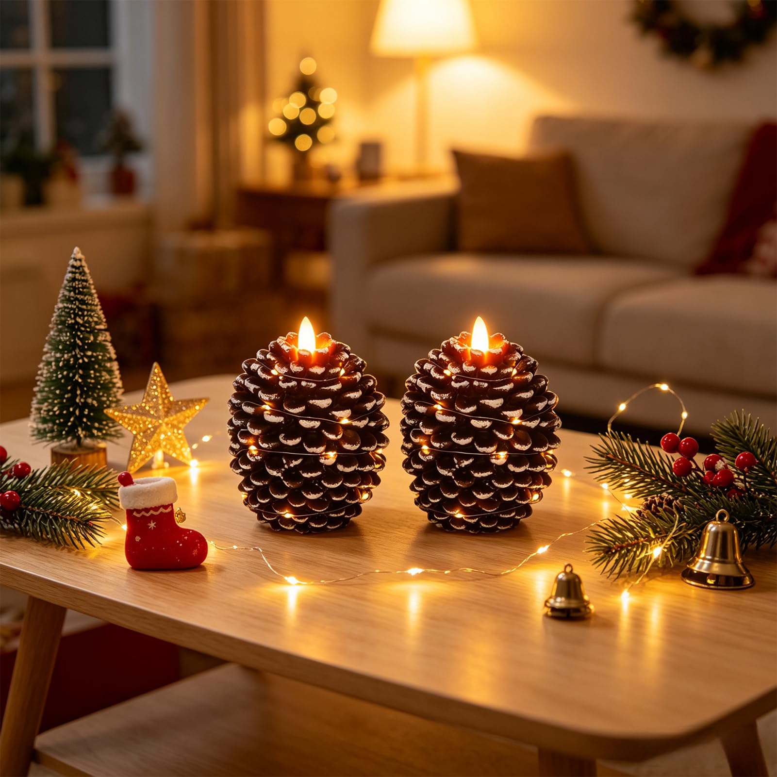 Wondise Velas sin llama de cono de pino con cadena de luces de temporizador