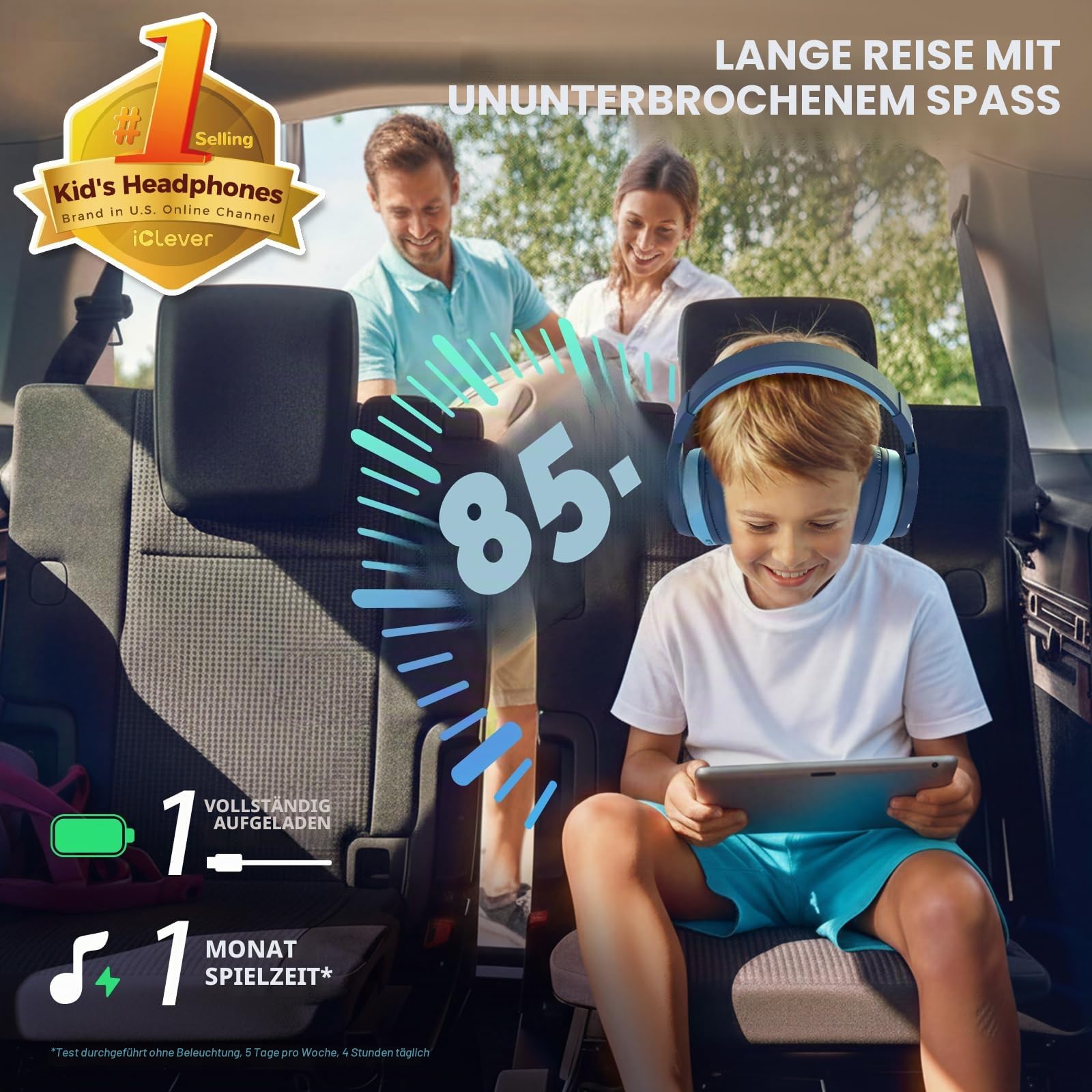 iClever Bluetooth Kinder Kopfhörer, Farbige LED-Leuchten, Kinderkopfhörer Over-Ear mit 74/85dBA Lautstärkebegrenzung, 85 Stunden Spielzeit, Bluetooth 5.2, Eingebautes Mikrofon Blau