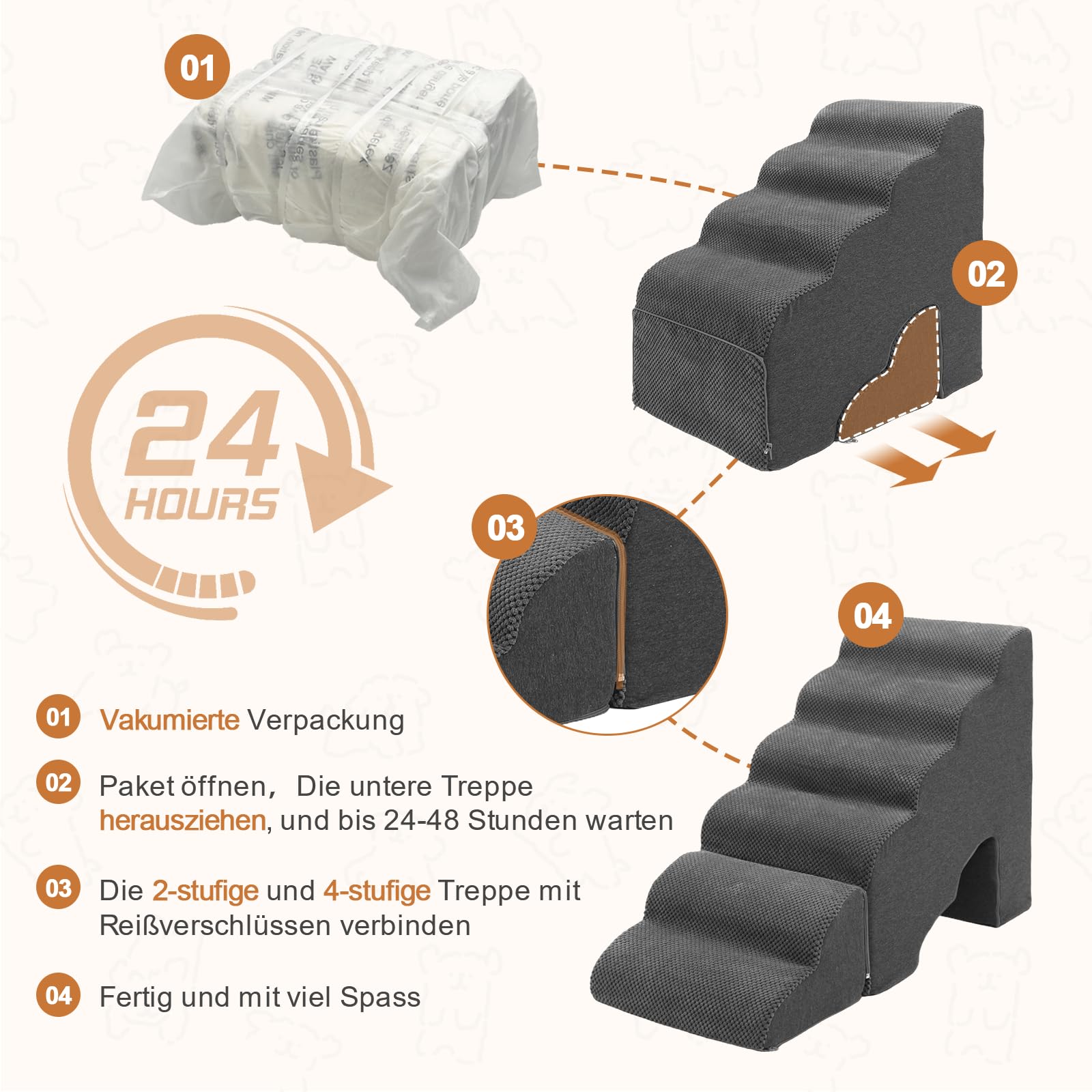 Escalera para perros de 60 cm de altura para cama, 6 peldaños para cama con somier | Escalera antideslizante para mascotas de color gris oscuro para perros pequeños o lesionados