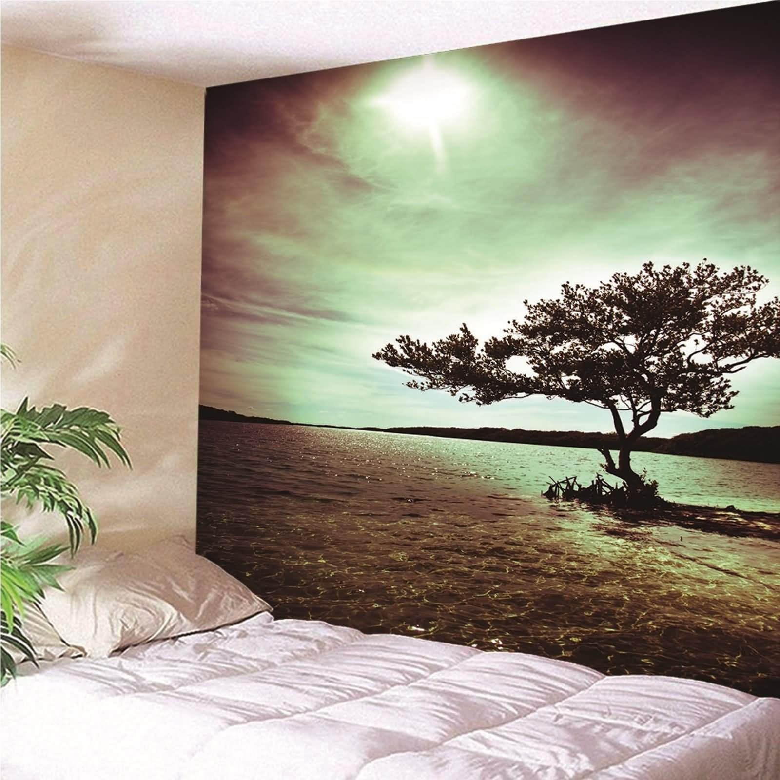 Tapiz tela, tapiz para recámara, para colgar en la pared, árbol en el mar al anochecer, multicolor de poliéster, 118.1 x 102.4 pulgadas (300 x 260 cm)