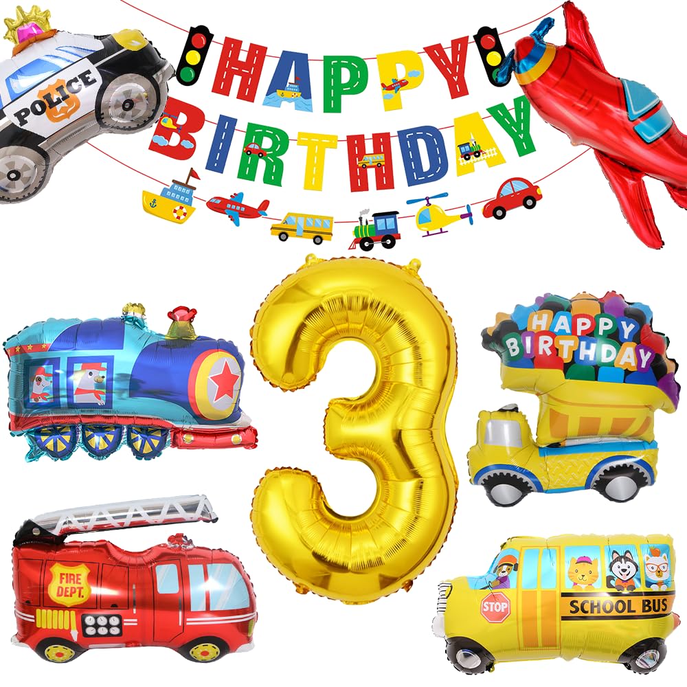 Bluelves Birthday Decoration 3 Years Foil Balloon, Car Birthday Decoration 3rd Boys, Fire Vehicles Truck Happy Birthday Garland Banner, Police Car Motorcycle Balloons for Children Party