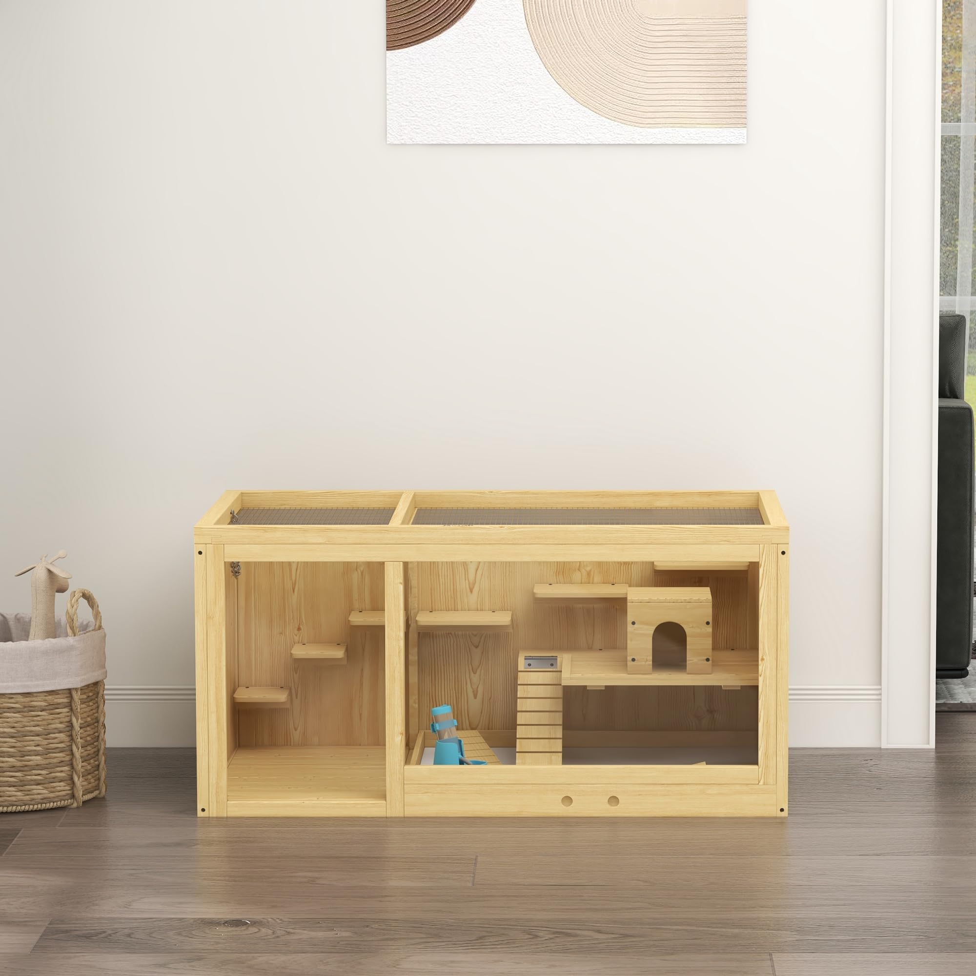 Jaula de madera para hámster PawHut, caseta para animales pequeños de 100 cm, jaula de juegos para jerbos jaula para roedores con columpios, escaleras, techo abrible, caseta, naturaleza