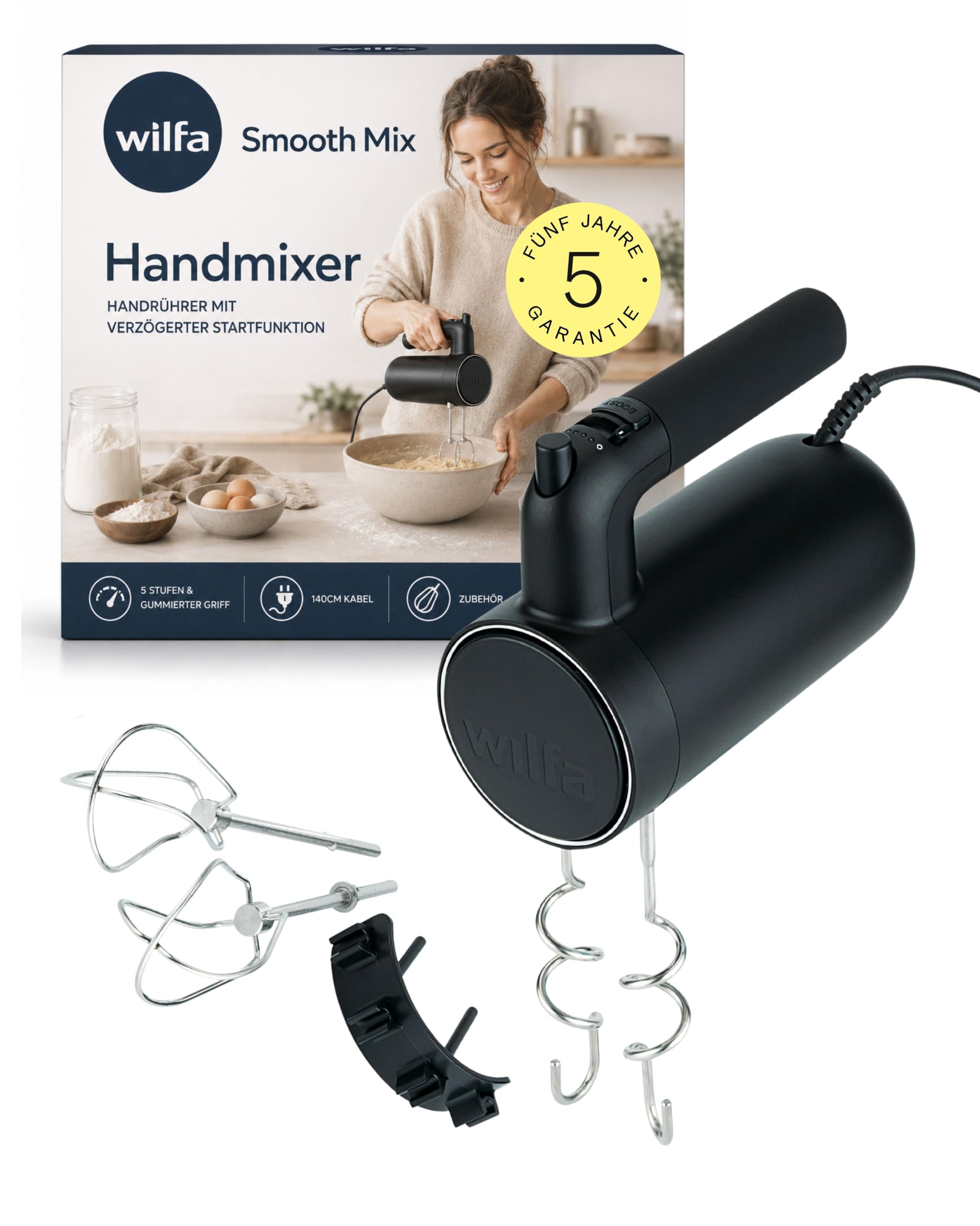 Wilfa Smooth Mix Handmixer 500 W I 5 Geschwindigkeiten & Boost-Funktion I Sanftanlauf gegen Spritzer I Inkl. Schneebesen & Knethaken I Für Sahne, Teige & Eischnee I Design Award Gewinner