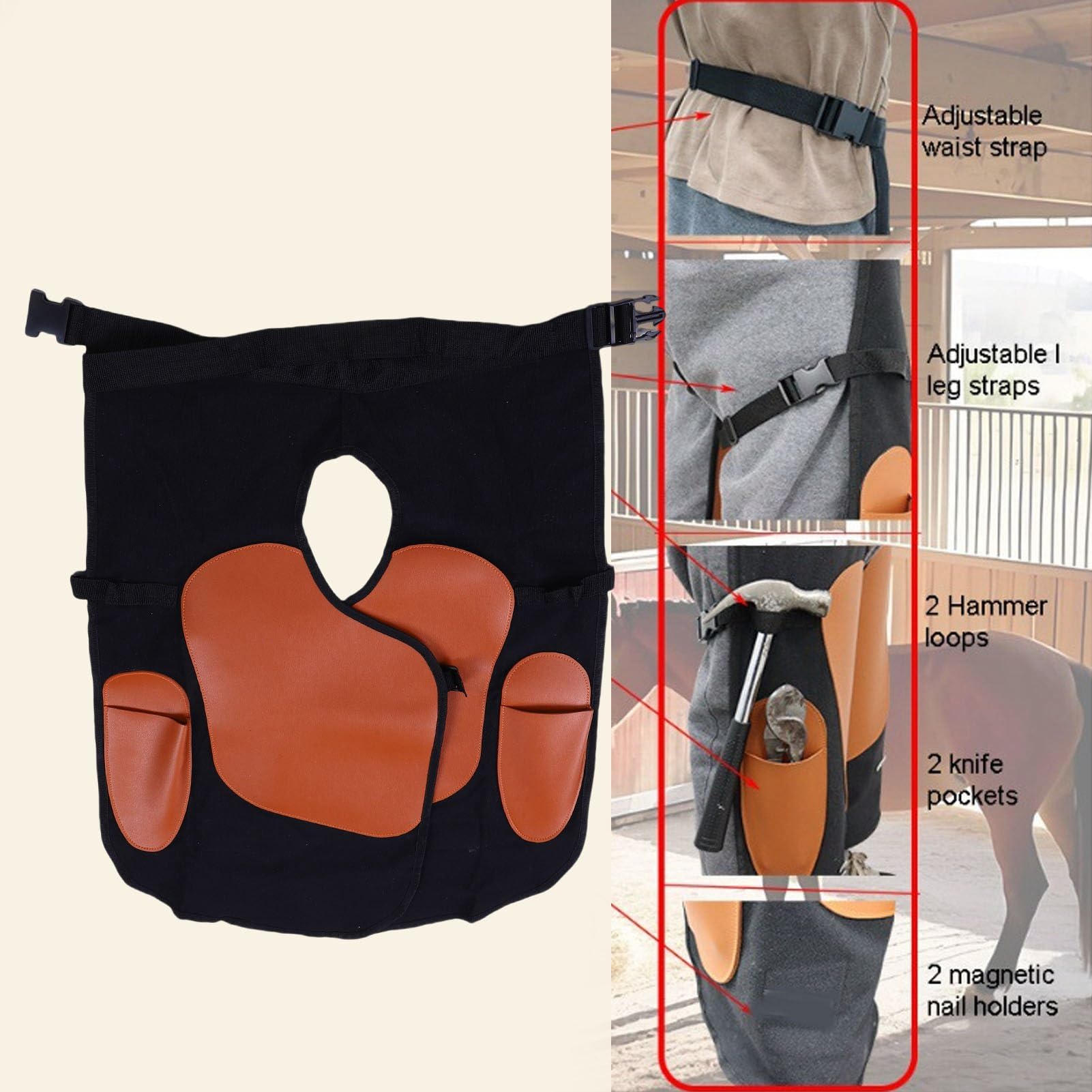 POENVFPO Delantal de Herrador, Delantal de Lona para Herrar Caballos con Correas Ajustables para Las Piernas para Herrar Caballos y Recortar Pezuñas