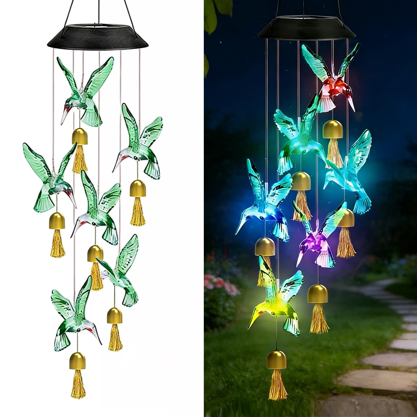 2 scacciapensieri solari per esterni, scacciapensieri a energia solare, per esterni, a forma di vento, per giardino, colibrì, per esterni, a LED che cambiano colore, impermeabile