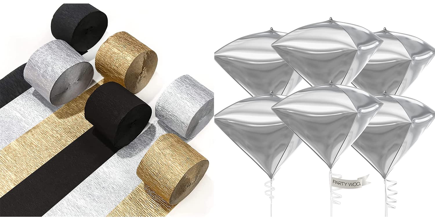 PartyWoo Crepe Paper Streamers 6 Rolls and 6 pcs Diamond Silver Foil Balloons