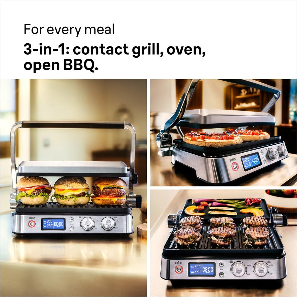 Braun MultiGrill 9 CG 9043 Grill kontaktowy, w zestawie Płyty do grillowania i płaskiego, pozycje grilla: kontakt, grill, piekarnik, płyty odporne na zmywarkę, pojemnik na tłuszcz, maksymalna