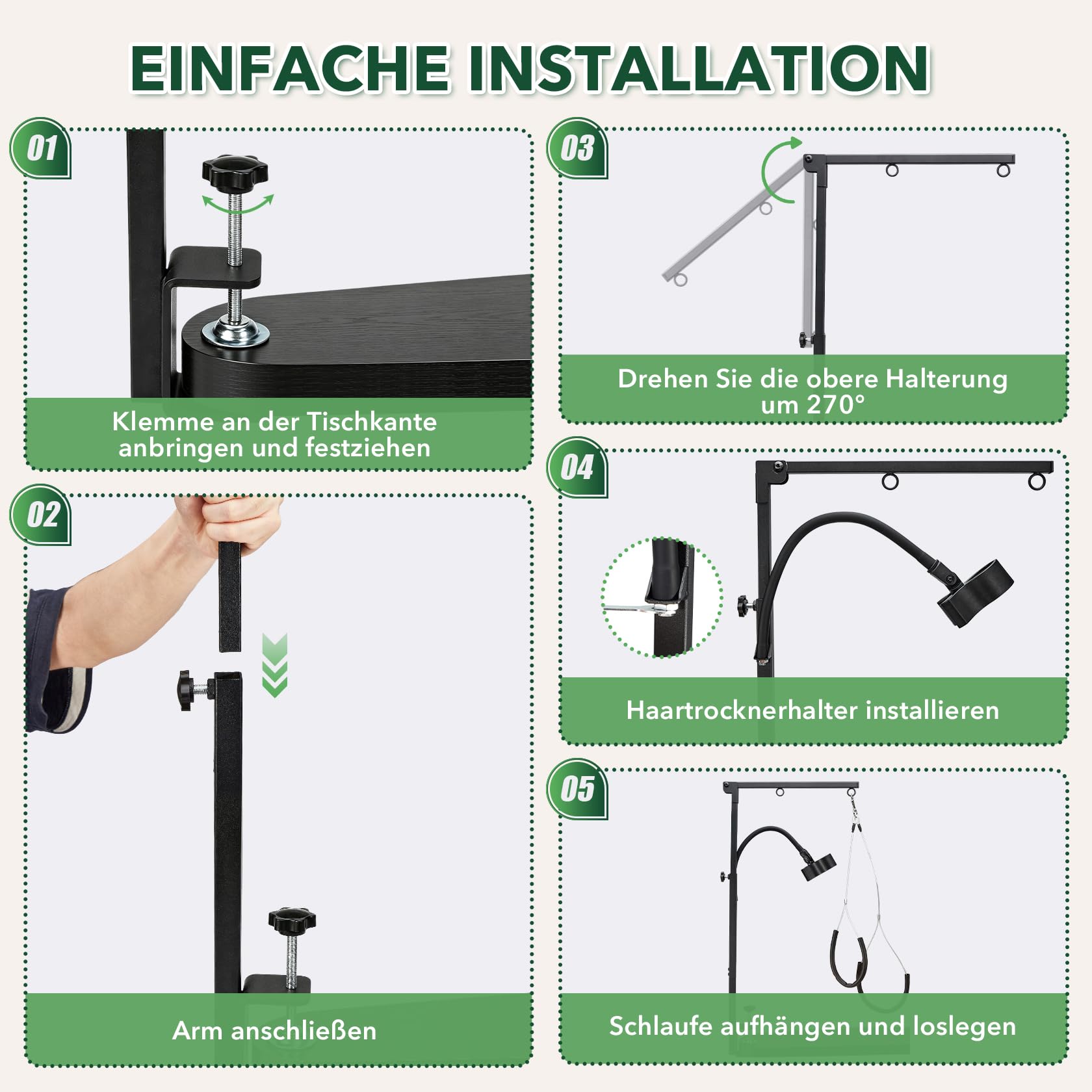 Pindex Verstellbarer Hundepflegearm mit Klemme, 74–104 cm, Hundepflegetisch-Arm inkl. Föhnhalter und Schlaufe für kleine und mittelgroße Hunde