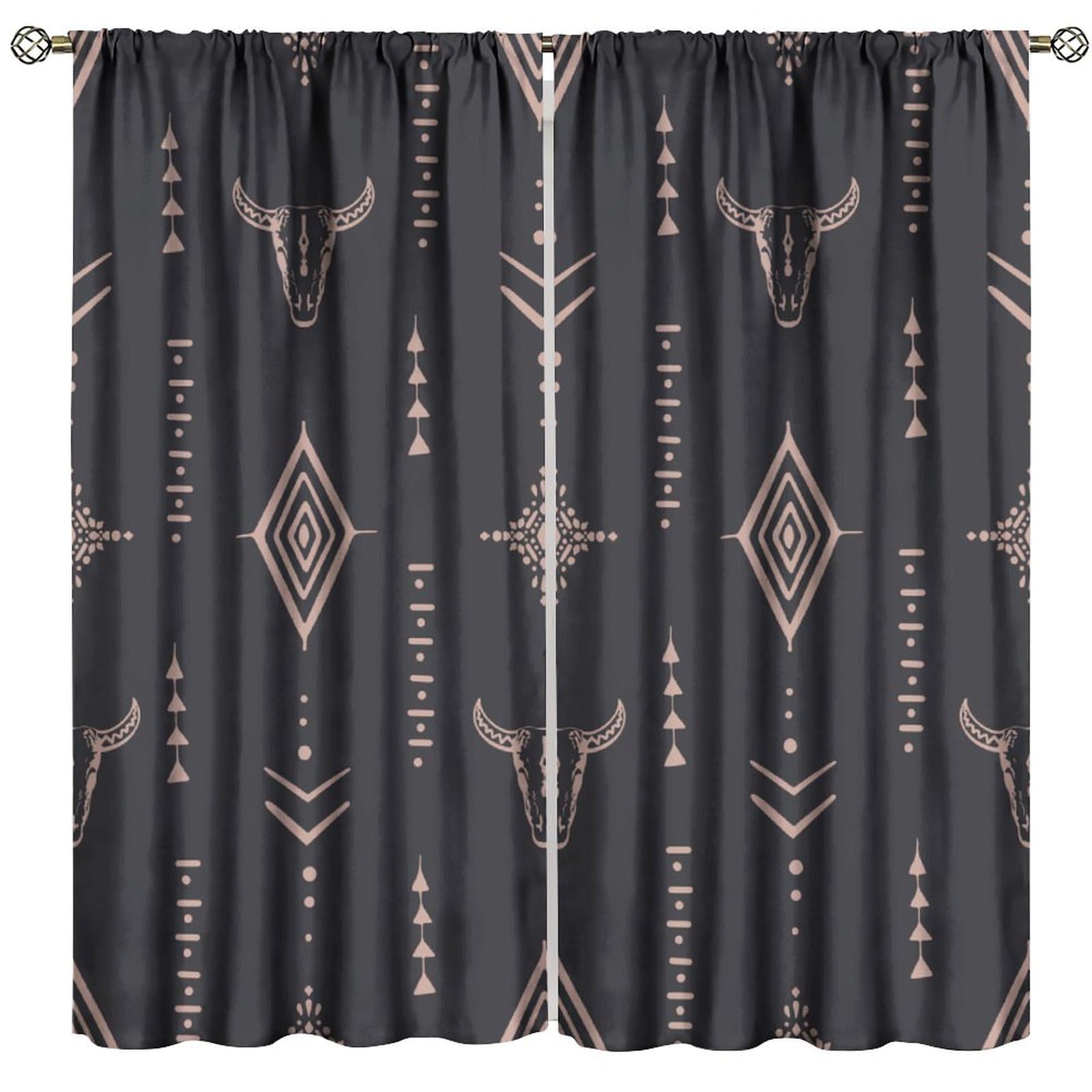 XBDDZSW Western Cow Skull Curtain Vintage Western Boho Style Aztec Cow Ethnic Background Minimalist Pattern Printing Bedroom Living Room Rod Pocket