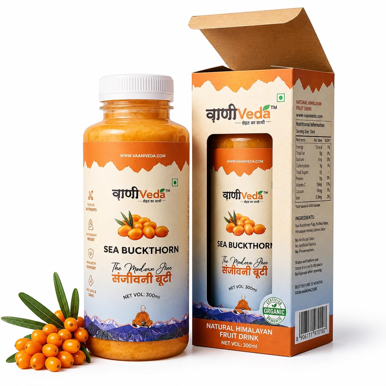 Vaani Veda Organics Himalayan Sea Buckthorn Berry Juice - 300 ml - Natural Source of Vitamin C, Omega 3 6 7 9, Antioxidants For Immunity, Skin Glow & Gut Health-image-0