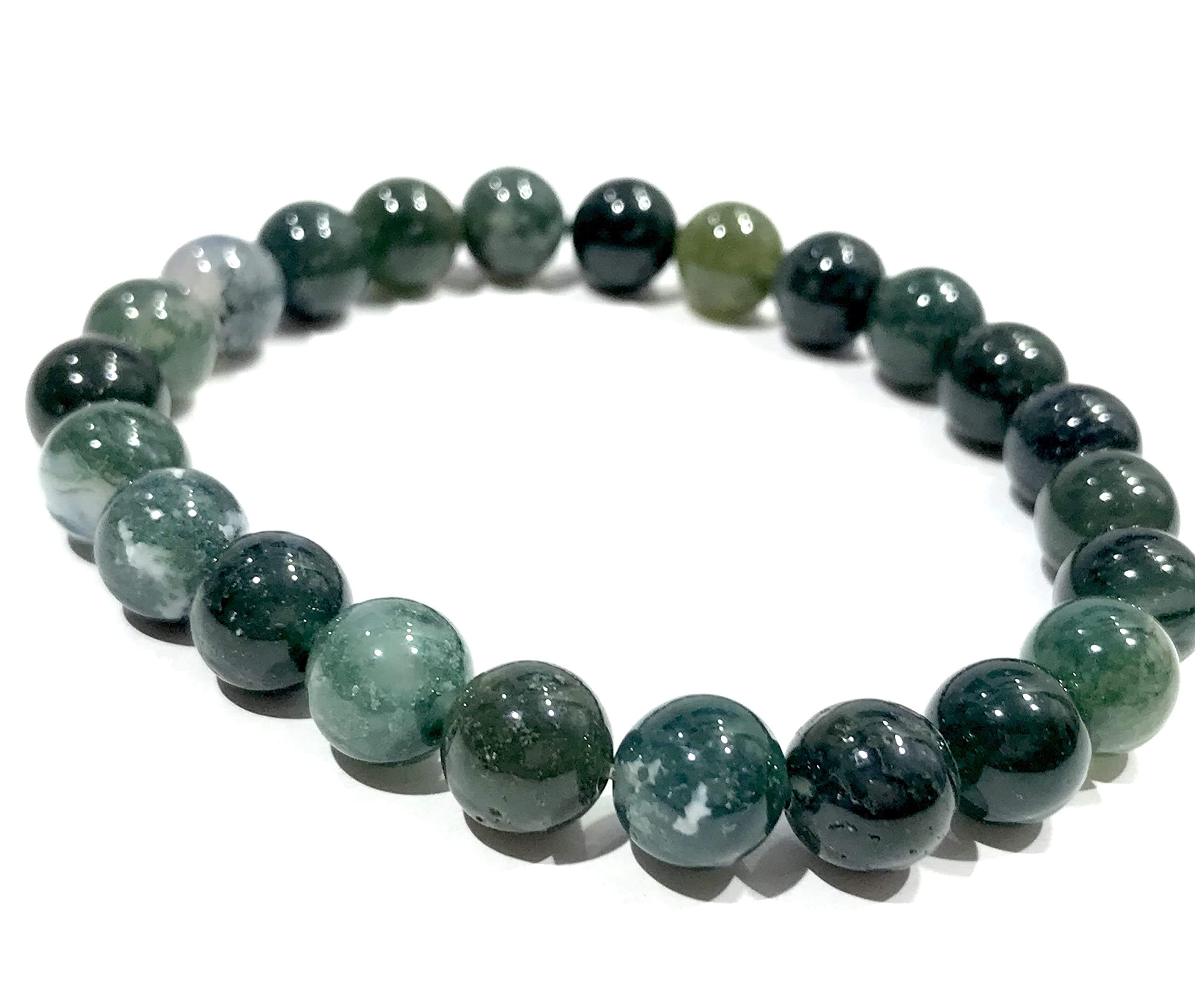 AREAeora Rocks : Moss Agate Bead Bracelet for Emotional Balance, Growth, and Abundance - for Men and Women (Size - 8mm) (Green)