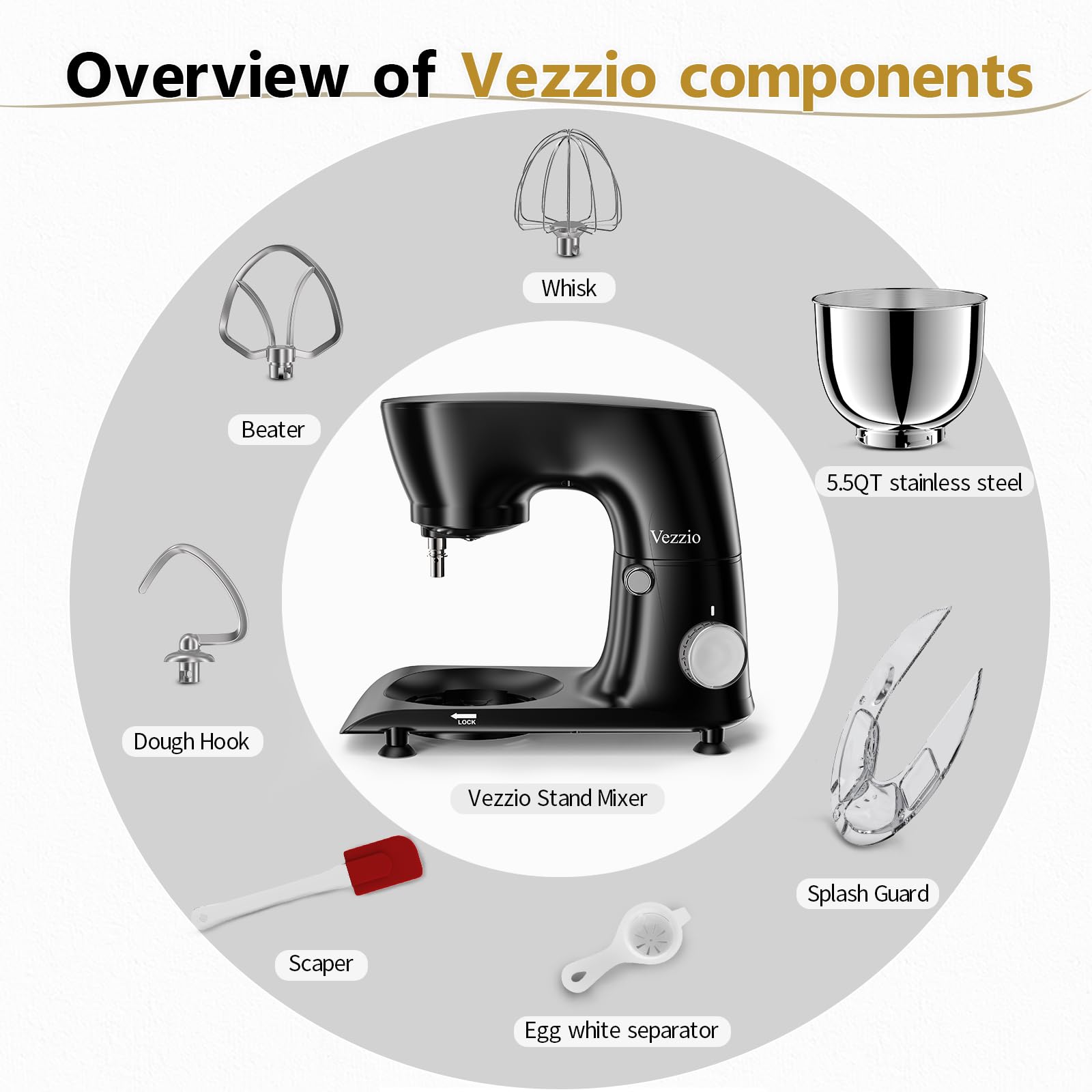 Vezzio Impastatrice Planetaria, 1500W Robot da Cucina Multifunzione, 5.5L 10 Velocità Impastatrice Professionale con Frusta, Gancio per Impastare, Frusta per Dolci, Ciotola di Acciaio Inossidabile