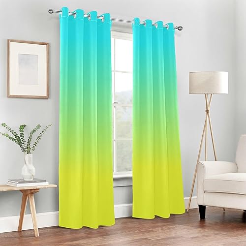 Miniatura 6 de Cortina opaca verde azulado y amarillo de 84 pulgadas, cortinas de ventana para dormitorio, cortinas de 84 pulgadas de largo, cortinas para puertas