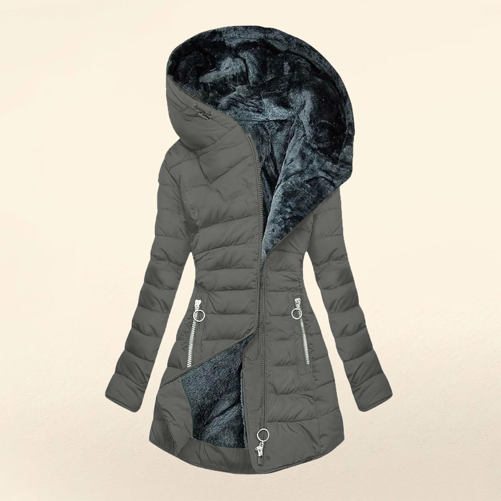 Generisch Wintermantel Damen Lang Winterjacke Warm Gefüttert Winterparka Winter Jacke Mantel Parka Mode Pufferjacke Reißverschluss Klassisches Steppmantel Einfarbig Daunenmantel mit Kapuze Steppjacke