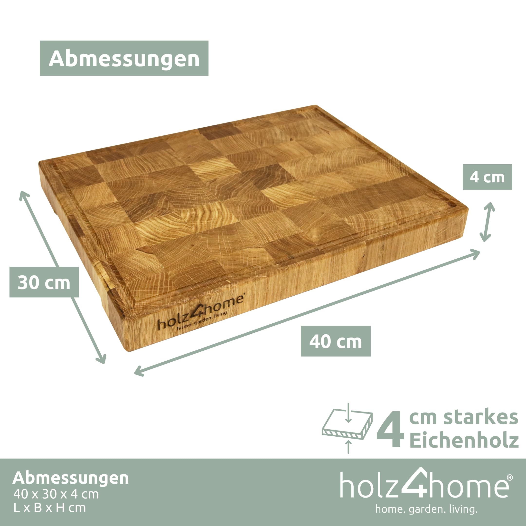 holz4home® Schneidebrett L aus Eichenholz I Stirnholz Würfelmuster Echtholz Brett I Hackbrett Steakbrett 40x30x4 cm I Küchenbrett mit Saftrille Holzbrett für Gemüse Fleisch
