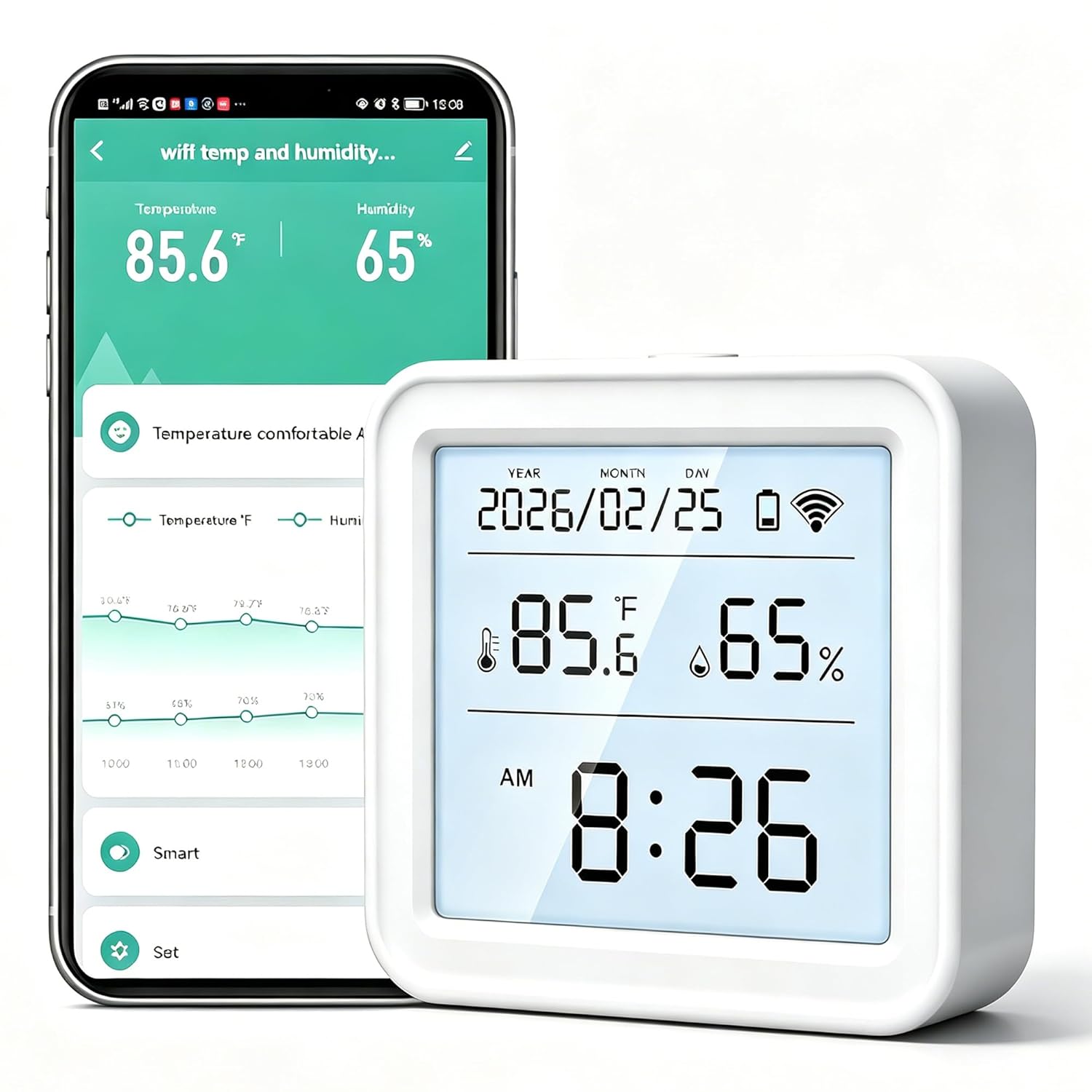 WiFi Temperature and Humidity Sensor: Wireless Digital Hygrometer Indoor Thermometer with App Alerts & Backlight Display, Smart Temperature Humidity Monitor Compatible with Alexa