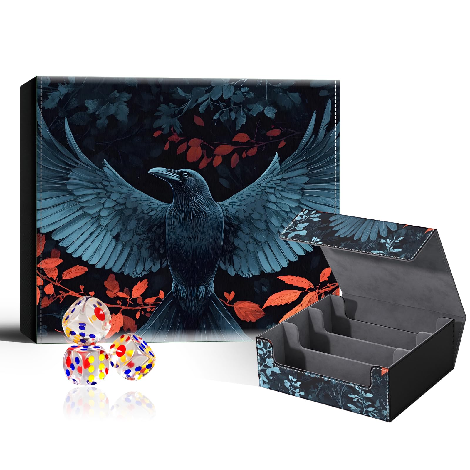 VOGDMKJG Trading Card Deck Box Fit 1800+ Single Sleeved Cards,PU Leather Magnetic Closure Card Storage Box With 3 Dice For MTG/TCG/PTCG/Magic/Sport Card Storage Case Large 3 ROW Design Black Bird