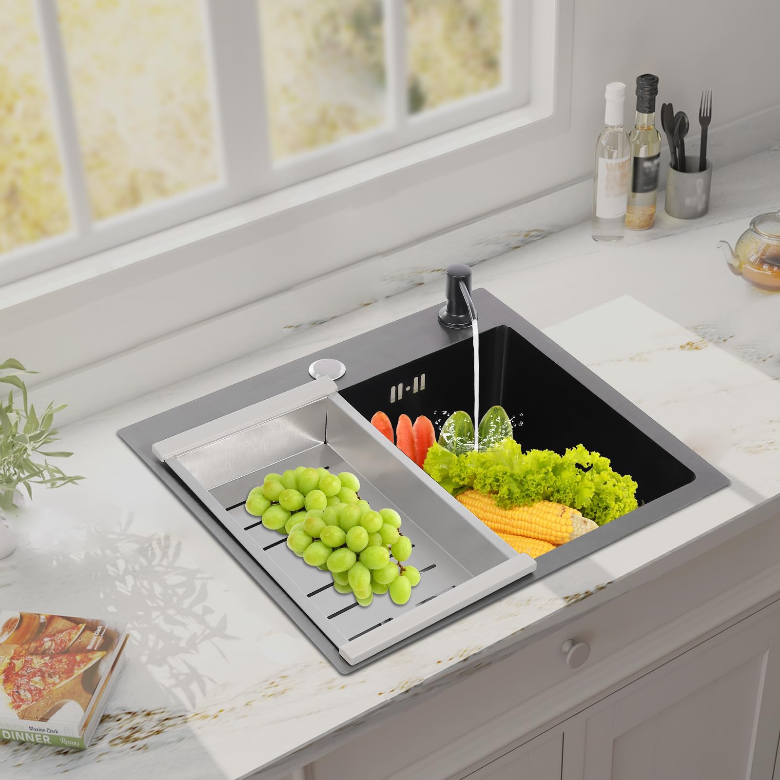 Fregadero de acero inoxidable, 40 x 45 cm, con escurridor y dispensador de jabón, fregadero de cocina de acero inoxidable para montaje empotrado, montaje en mesa