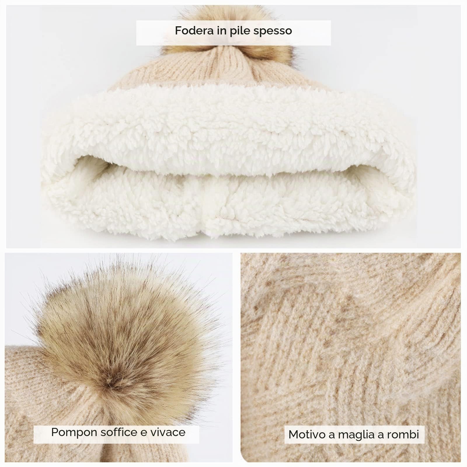LumiSyne Invernali 3 Pezzo Cappello Sciarpa Guanti Per Uomo Donna Tinta Unita Cappello In Maglia a Rombi Sciarpa Lunga Guanti Touch Screen Berretto Bobble Lana Morbida Fodera In Pile Morbido Termico