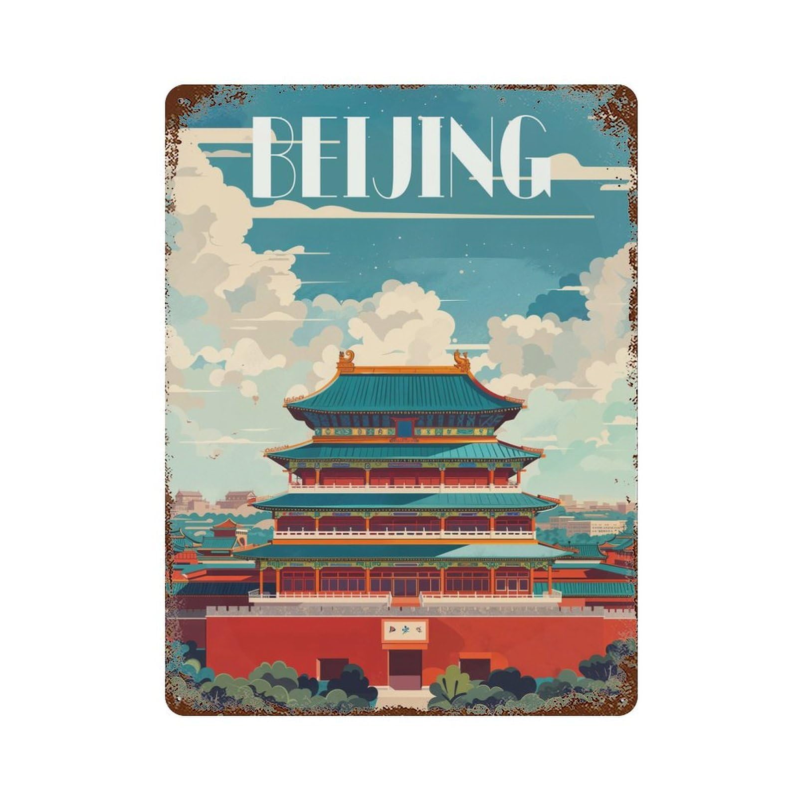 Vintage Rust Metal Sign with Beijing Splendor Design 15.7"x11.8", for Garage, Bar And Workshop Decor, Retro Wall Decor