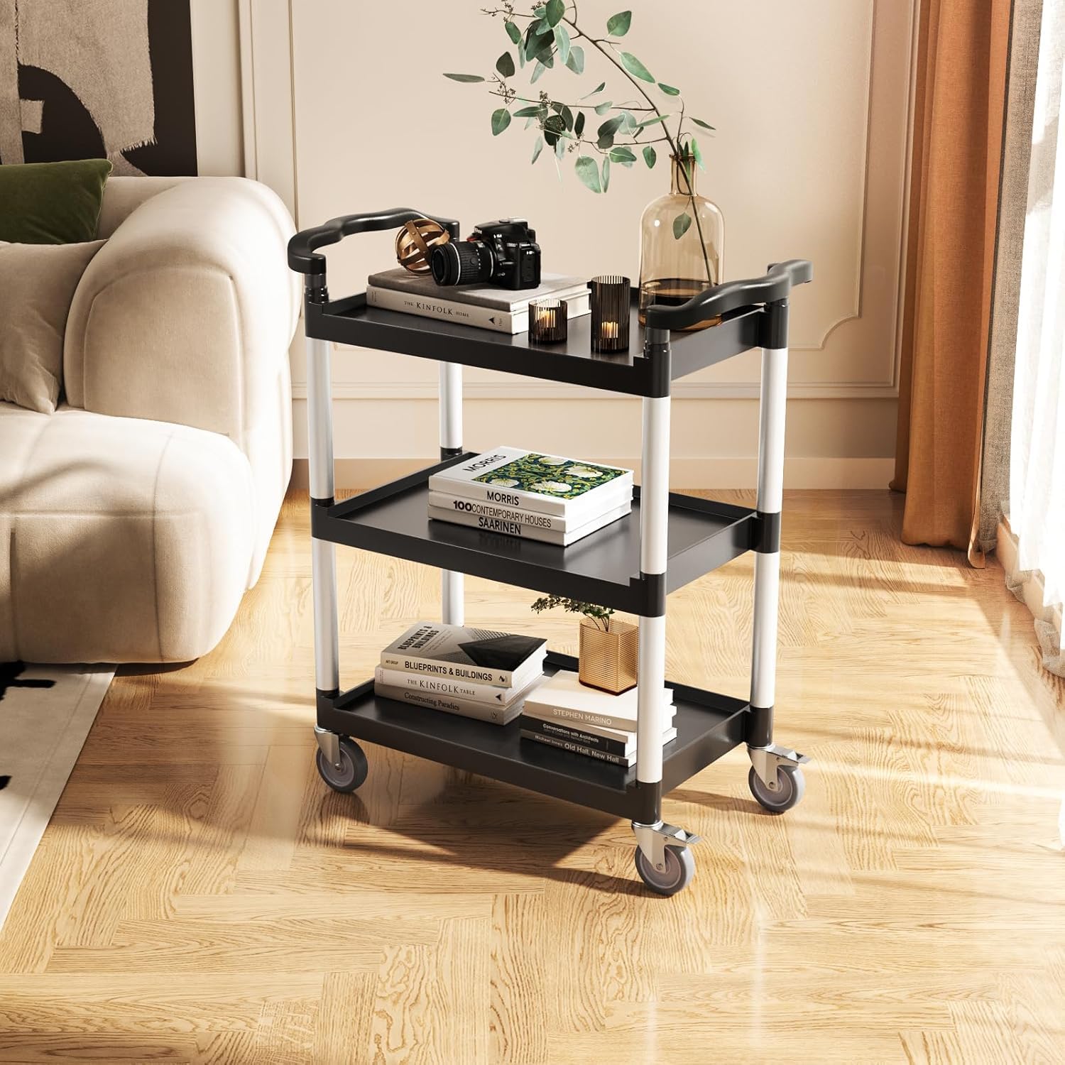 VEVOR Carrello Portavivande, Capacità di Carico 136 kg Carrello per Servizi Alimentari in Plastica a 2 Livelli da 620 x 410 mm con Ruote Girevoli 360° per Magazzino, Ufficio, Casa, Ristorante, Cucina