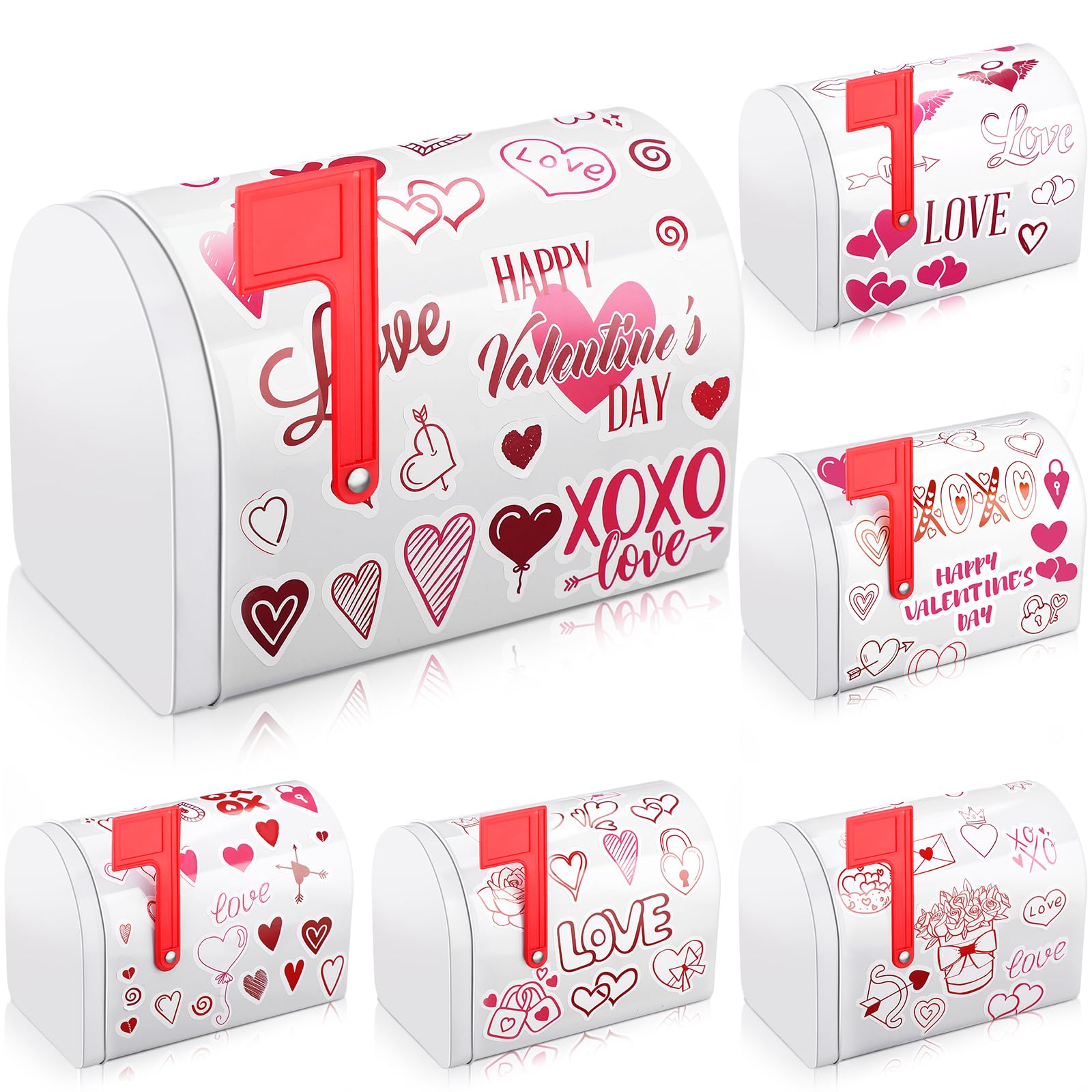 Tandefio 6 Pcs Valentine's Day Small Toy Mailbox with 6 Pcs Valentine's Day Stickers Mini White Tinplate Mailbox Toy Decorative Mailbox for Valentine Exchange Gift DIY Projects Party Favor Activities