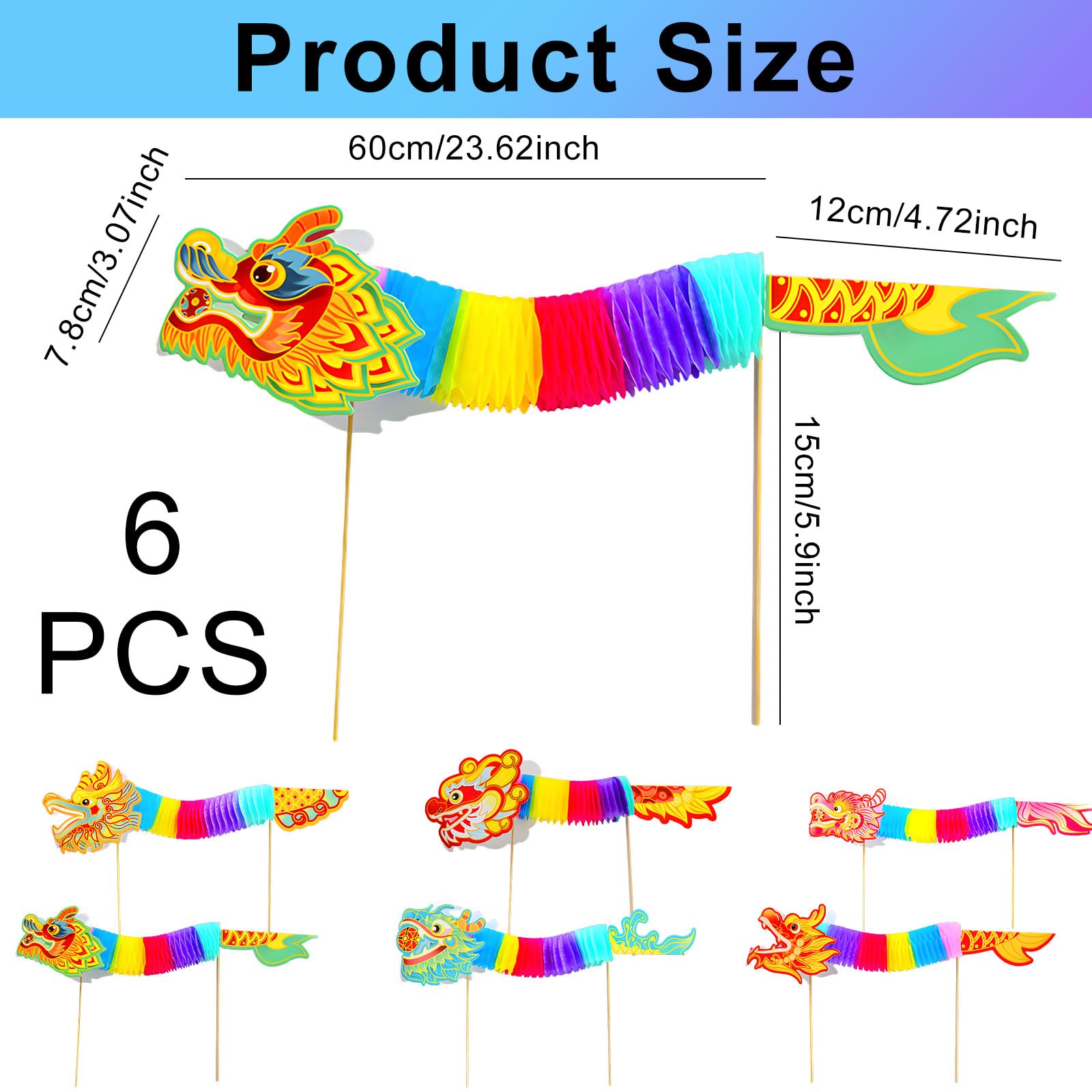6 Pcs Paper Dragon Dance Garland Set for Chinese New Year Decorations 2026,Handmade Dragon Style Ceiling Toy Handheld for Kids Living Room Party Supplies,Spring Festival Handheld 3D DIY Crafts - Image 2